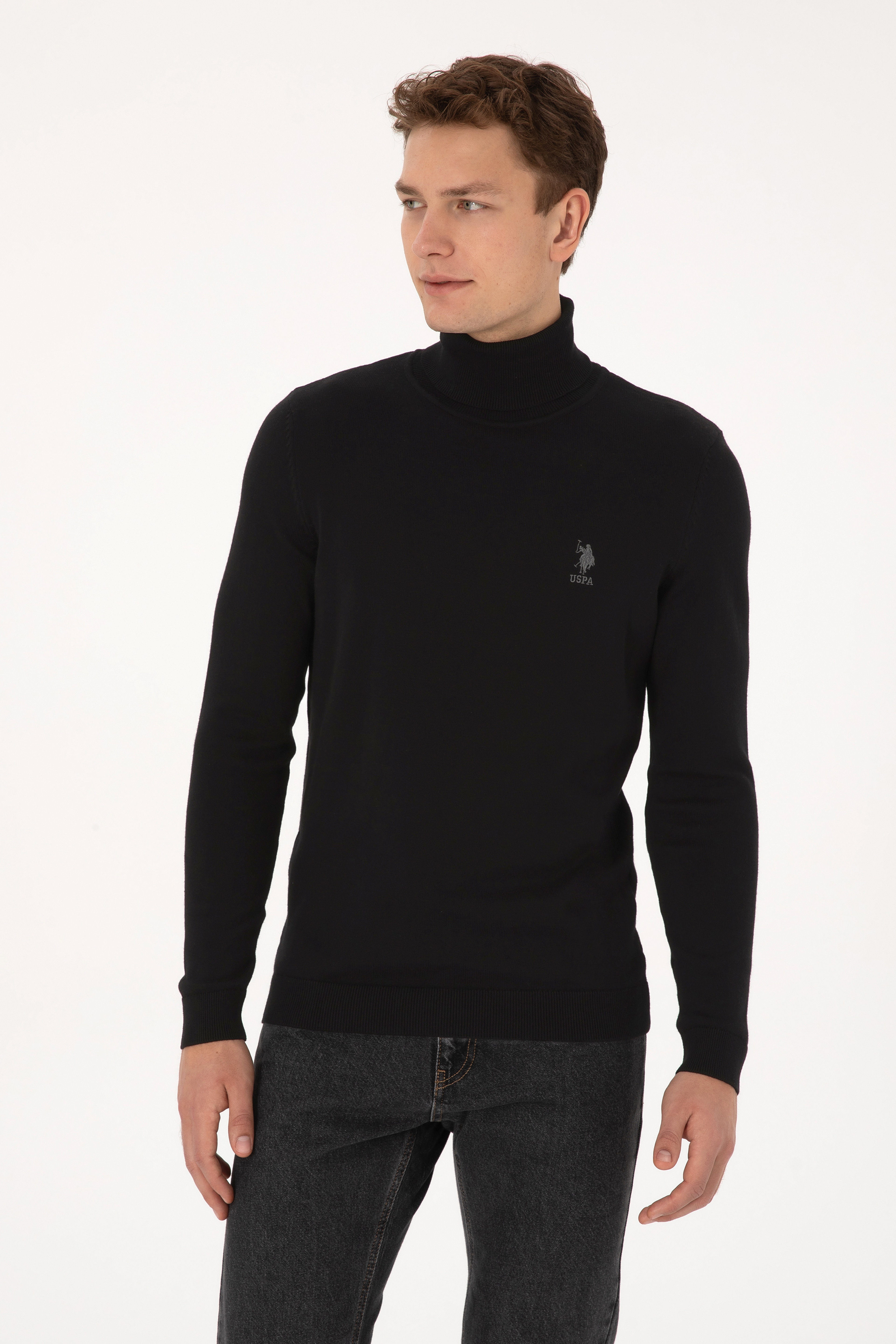 Erkek Slim Fit Balıkçı Yaka Siyah Basic Kazak - Image 3