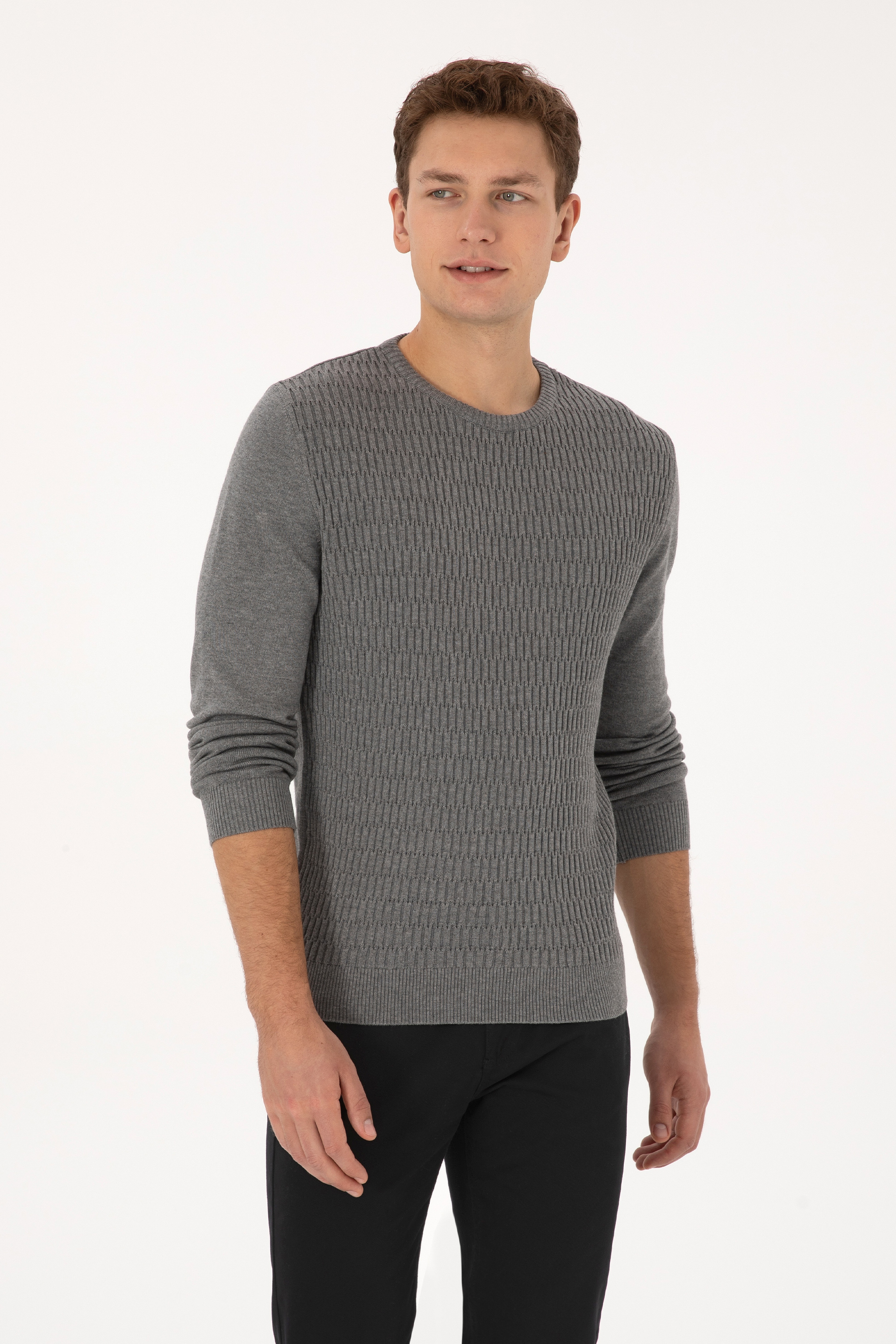Erkek Regular Fit bisiklet Yaka Gri Melanj Kazak - Image 3