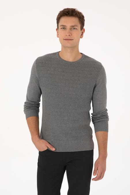 Erkek Regular Fit Bisiklet Yaka Gri Melanj Desenli Kazak