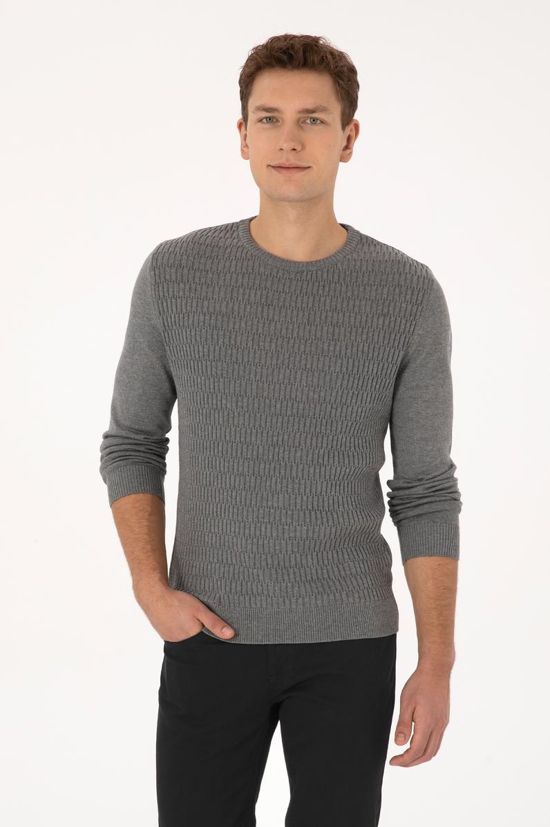 Erkek Regular Fit Bisiklet Yaka Gri Melanj Desenli Kazak