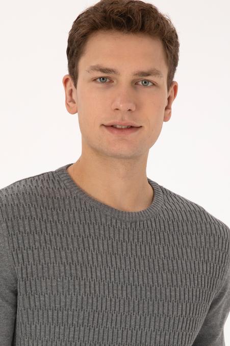 Erkek Regular Fit Bisiklet Yaka Gri Melanj Desenli Kazak