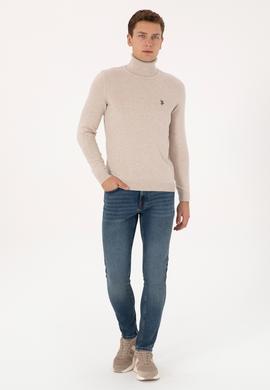 Erkek Slim Fit Boğazlı Yaka Taş Melanj Kazak - 50313640060