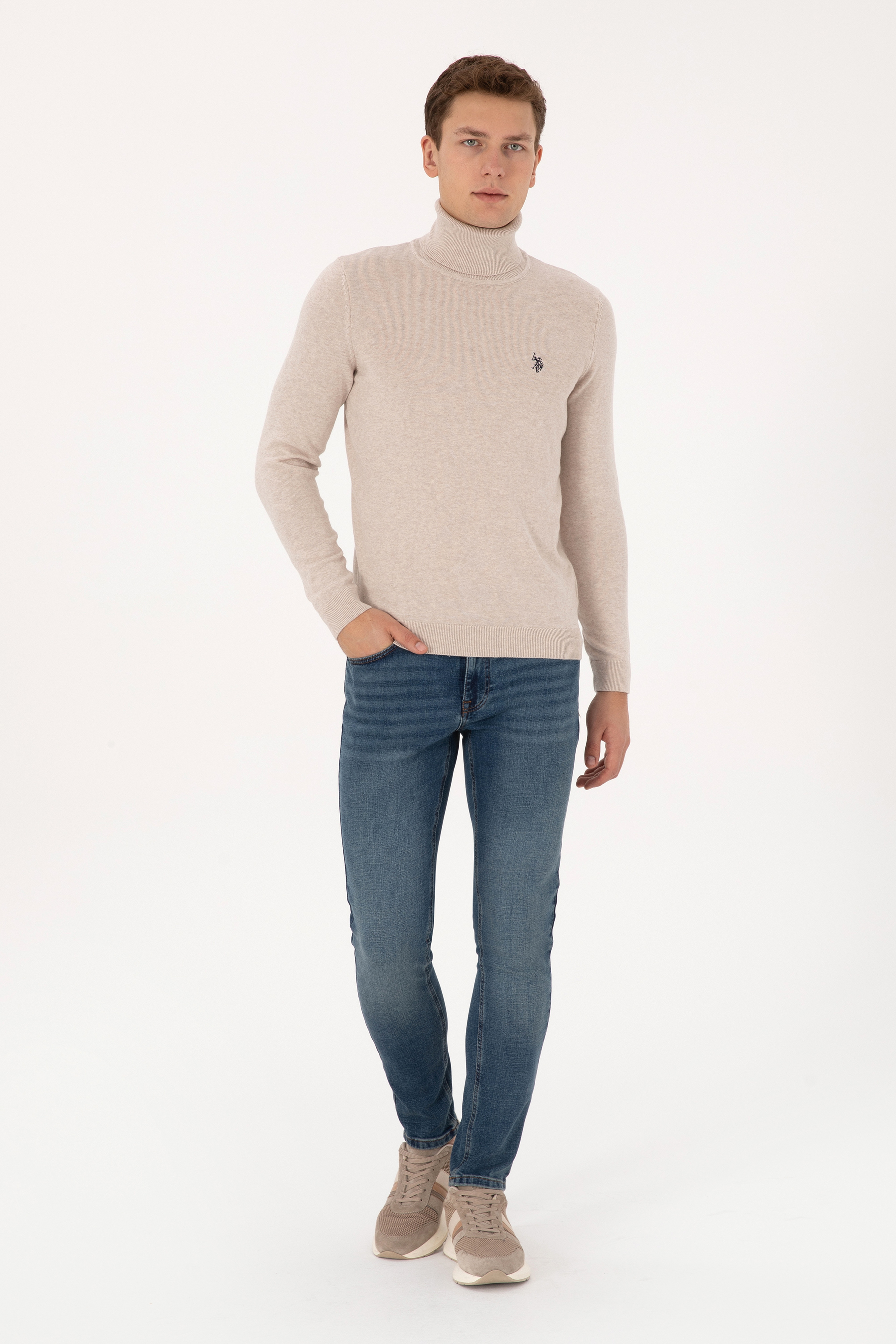 Erkek Slim Fit Boğazlı Yaka Taş Melanj Kazak