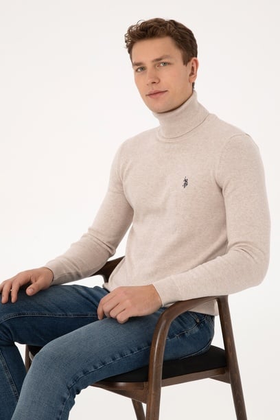 Erkek Slim Fit Boğazlı Yaka Taş Melanj Kazak