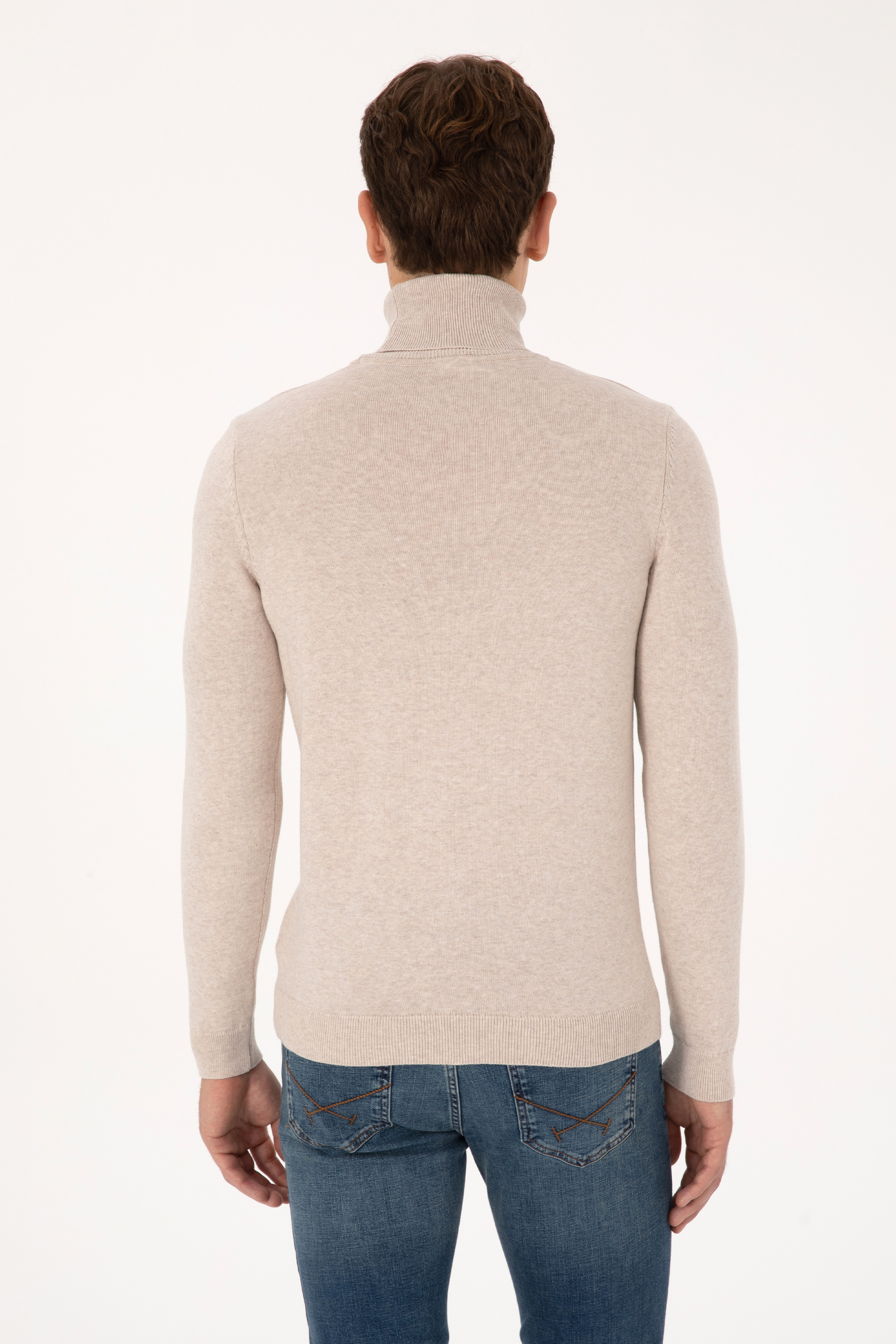Erkek Slim Fit Boğazlı Yaka Taş Melanj Kazak