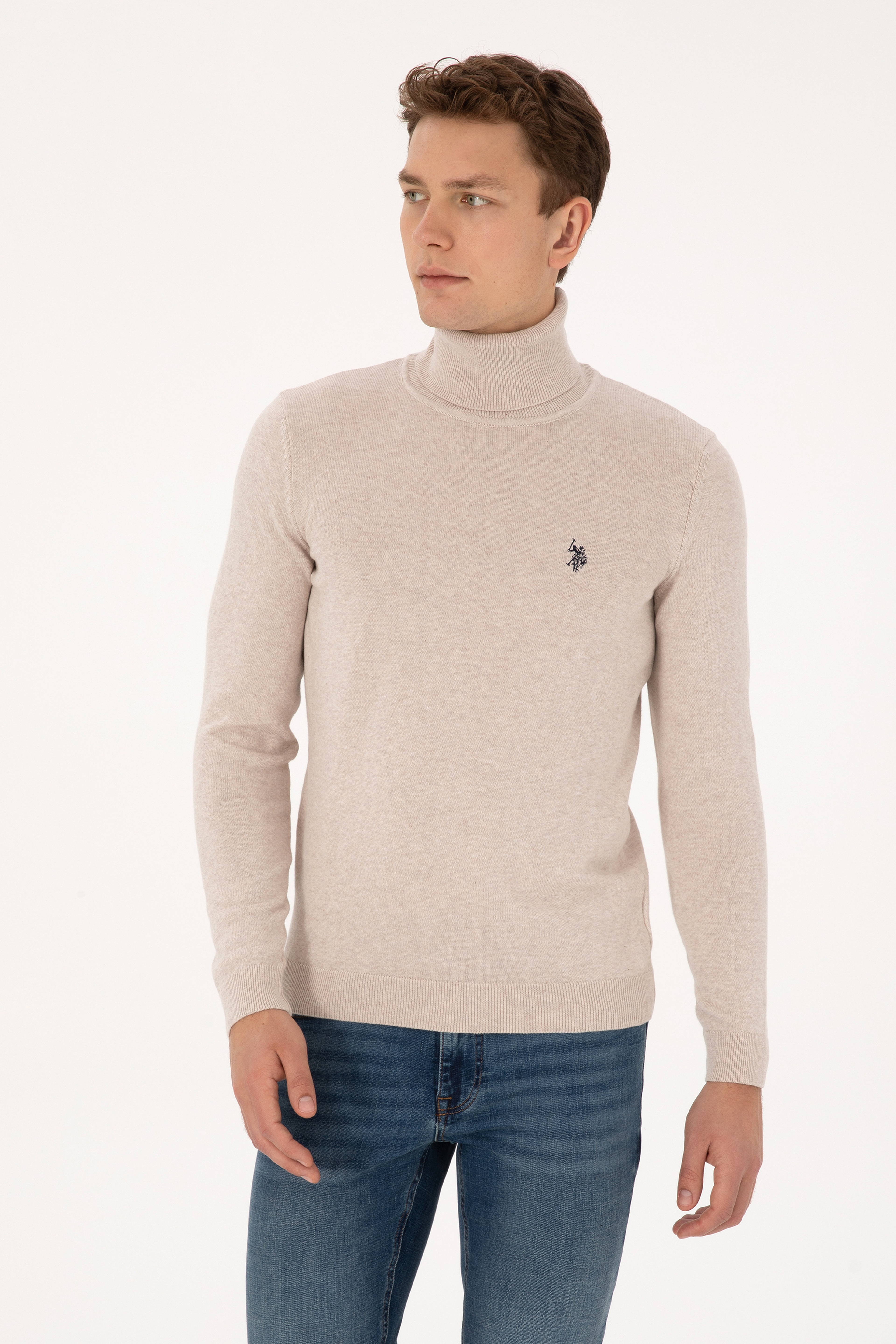 Erkek Slim Fit Boğazlı Yaka Taş Melanj Kazak