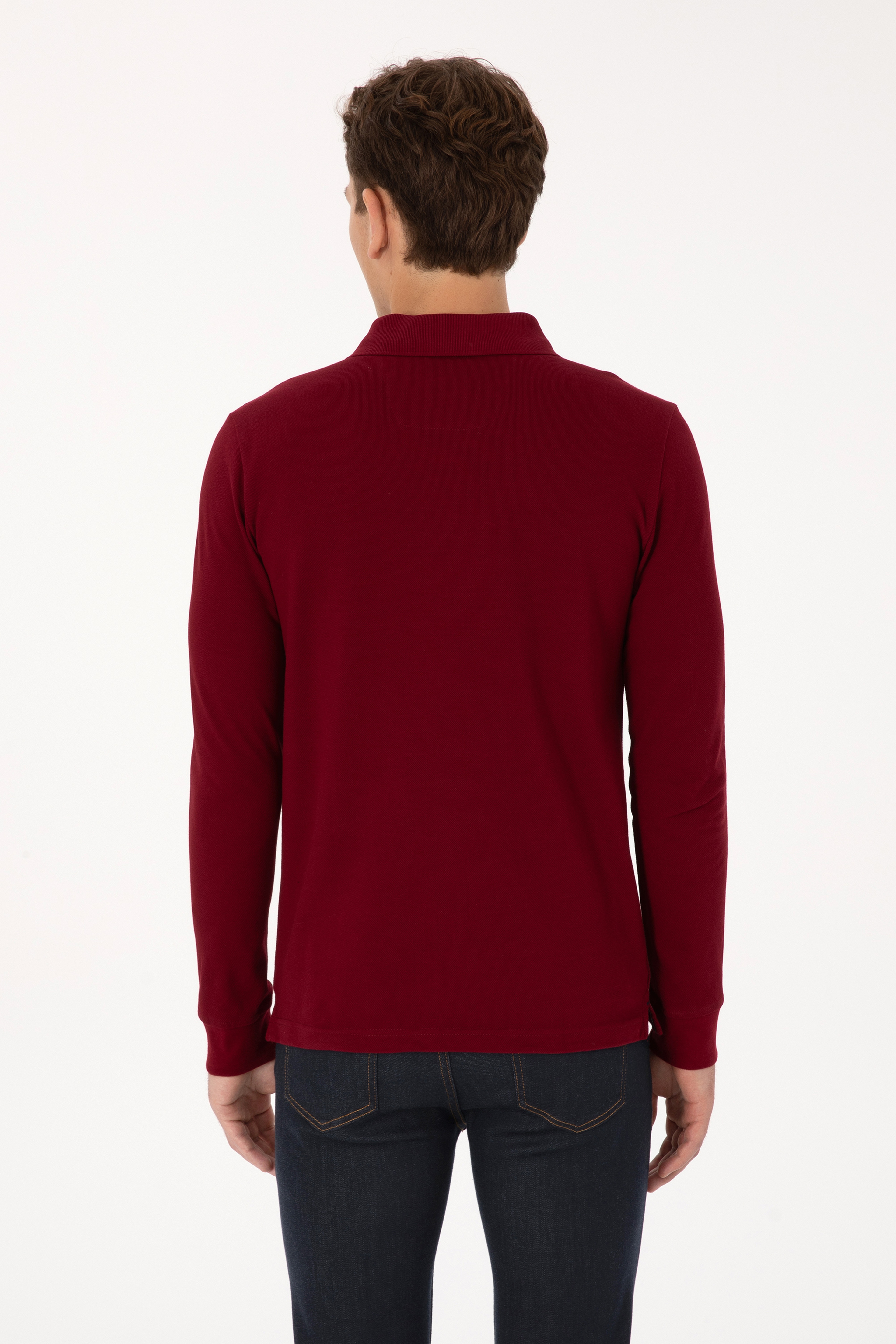 Erkek Slim Fit Polo Yaka Bordo Basic Sweatshirt