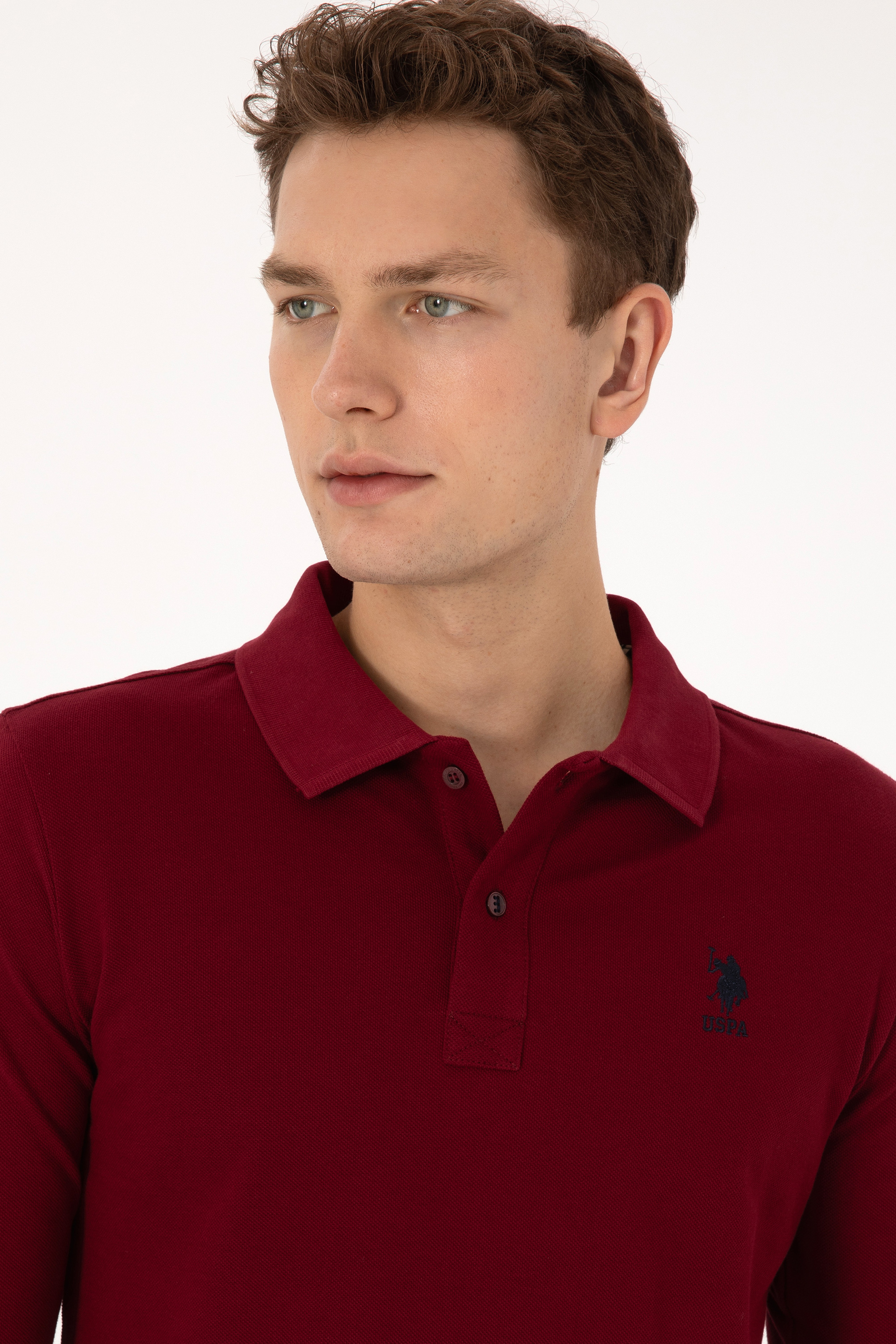 Erkek Slim Fit Polo Yaka Bordo Basic Sweatshirt