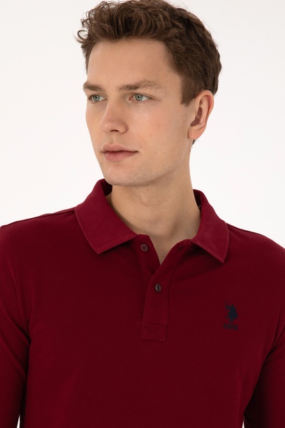 Erkek Slim Fit Polo Yaka Bordo Basic Sweatshirt