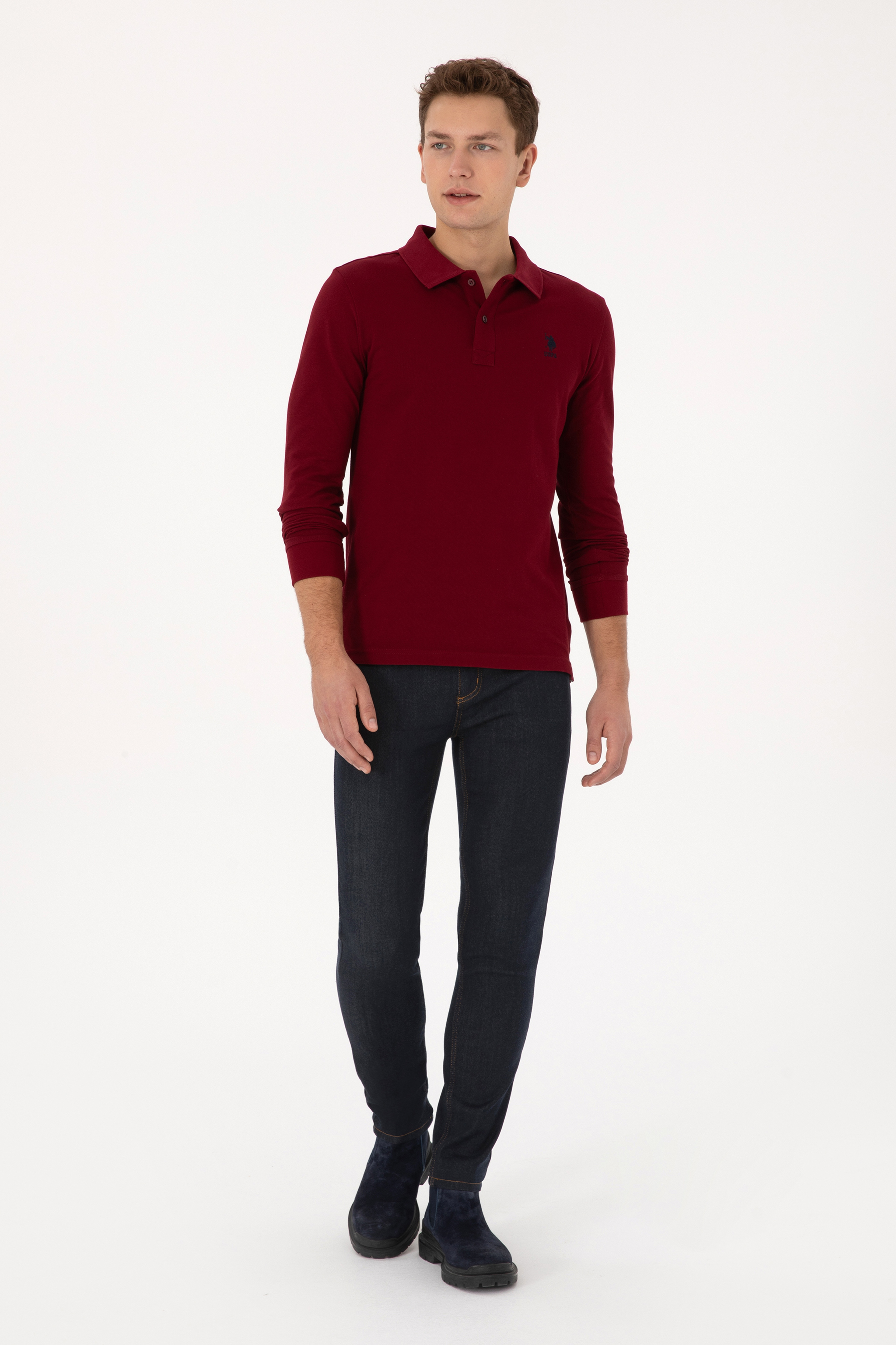 Erkek Slim Fit Polo Yaka Bordo Basic Sweatshirt - Image 4