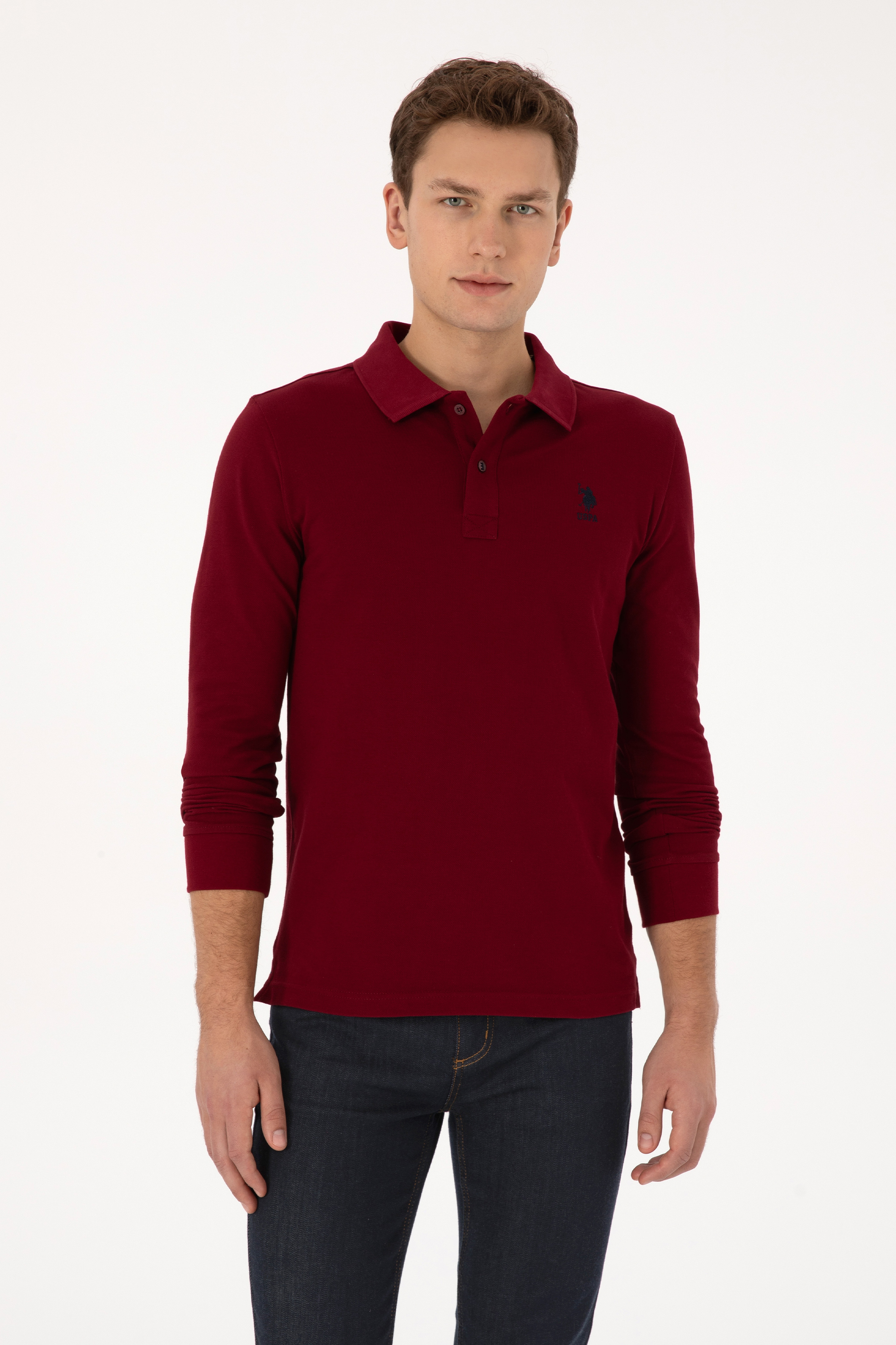 Erkek Slim Fit Polo Yaka Bordo Basic Sweatshirt - Image 1