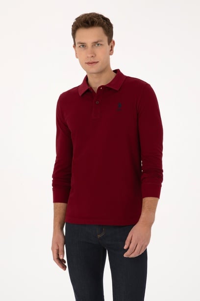 Erkek Slim Fit Polo Yaka Bordo Basic Sweatshirt
