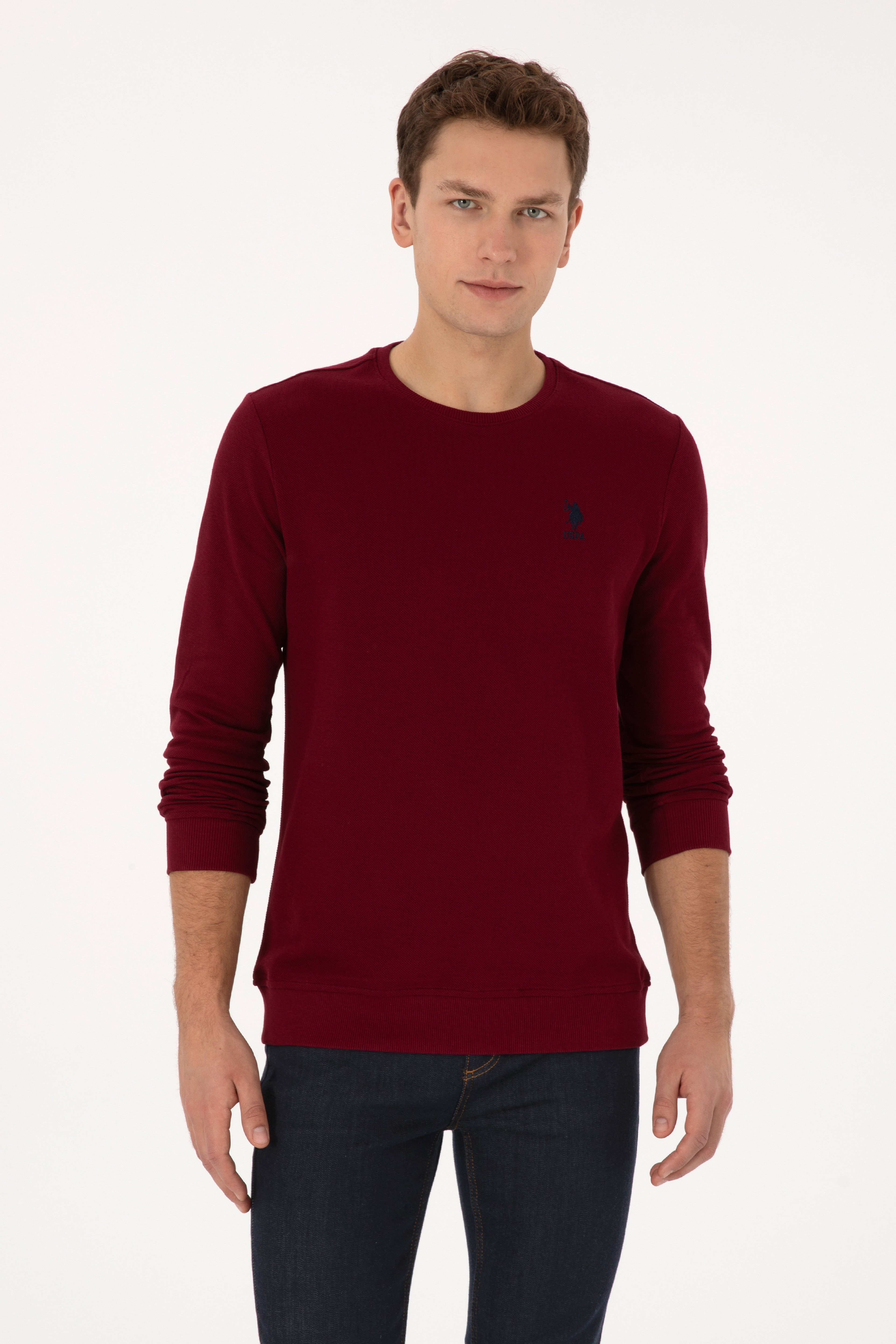 Erkek Regular Fit Bisiklet Yaka Bordo Sweatshirt - Image 3