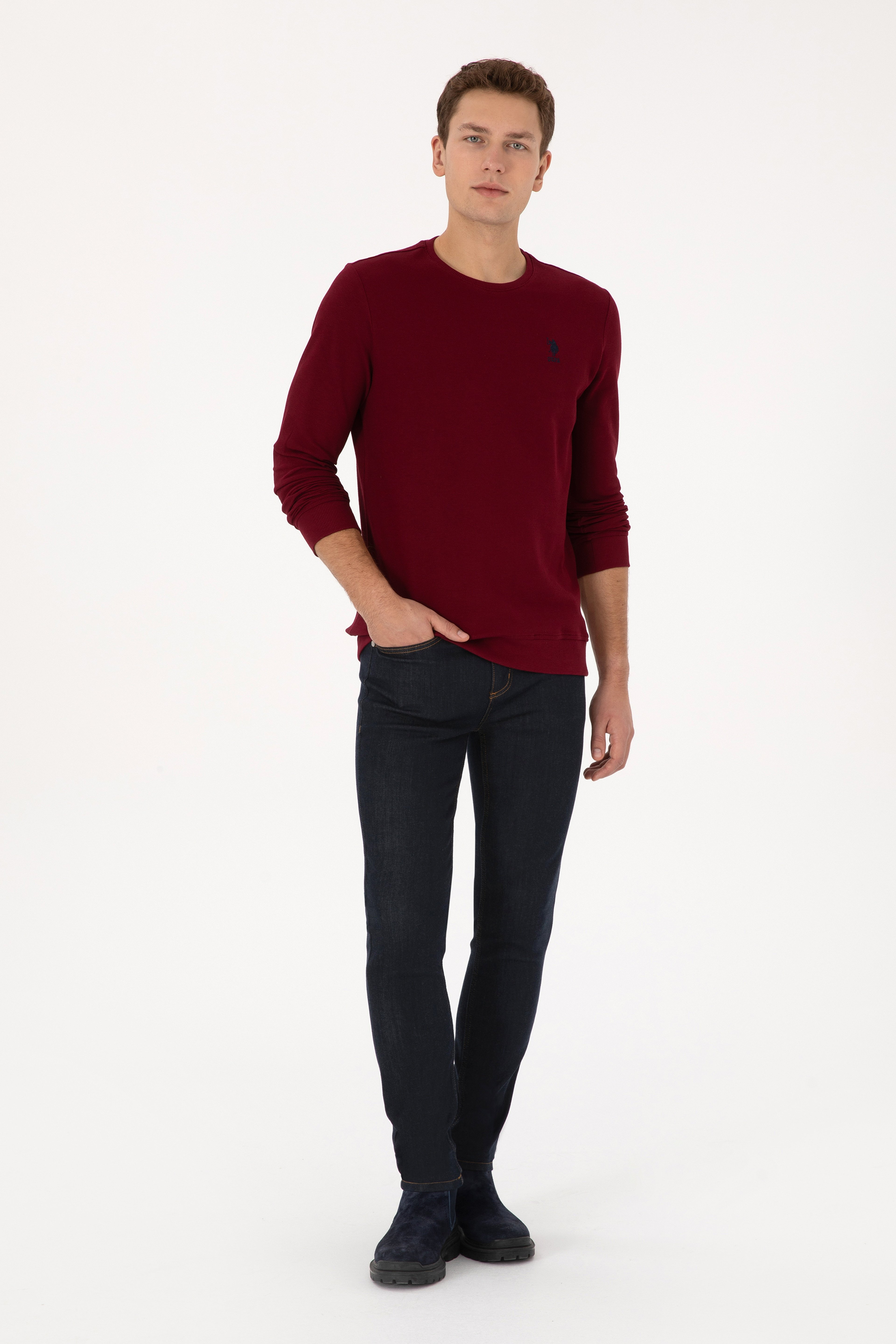 Erkek Regular Fit Bisiklet Yaka Bordo Sweatshirt - Image 4
