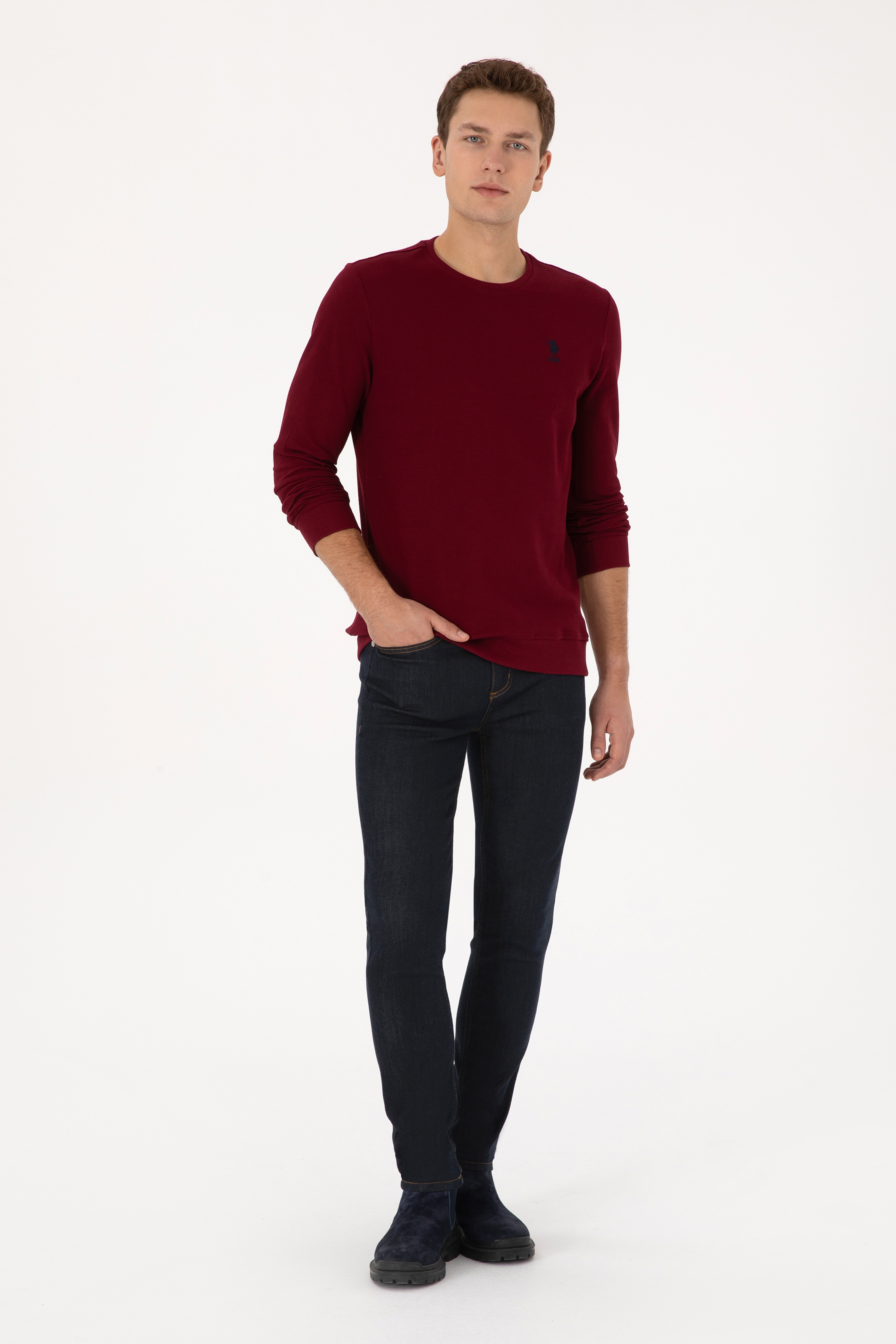 Erkek Regular Fit Bisiklet Yaka Bordo Sweatshirt