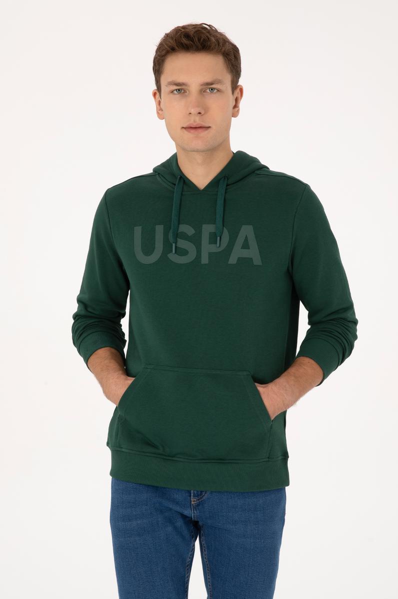 Erkek Kapüşonlu Koyu Yeşil Basic Sweatshirt