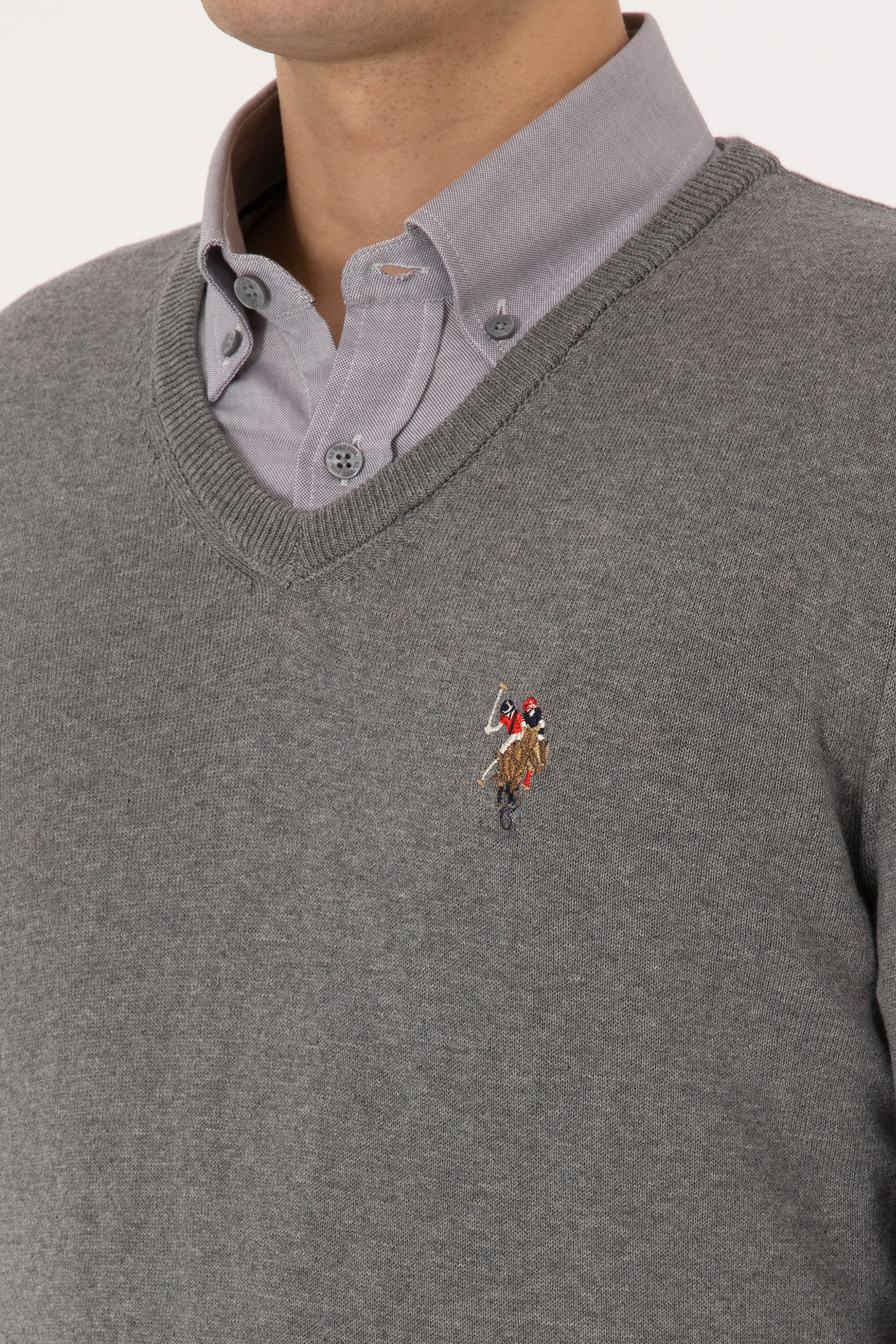 Erkek Slim Fit V Yaka Gri Melanj Basic Kazak - Image 7