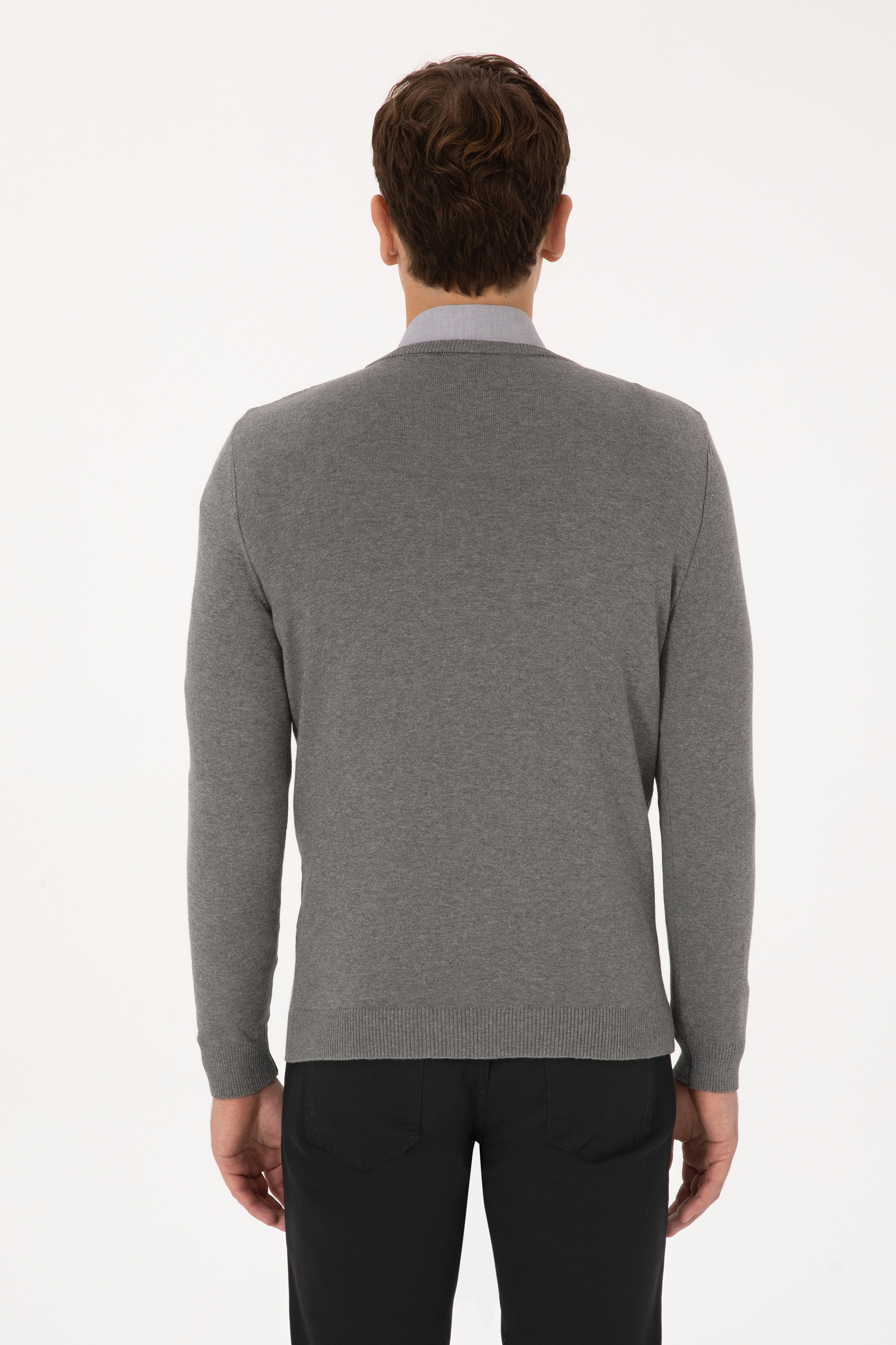 Erkek Slim Fit V Yaka Gri Melanj Basic Kazak