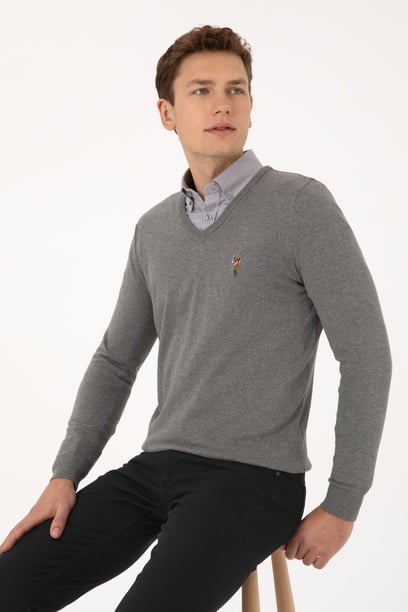 Erkek Slim Fit V Yaka Gri Melanj Basic Kazak