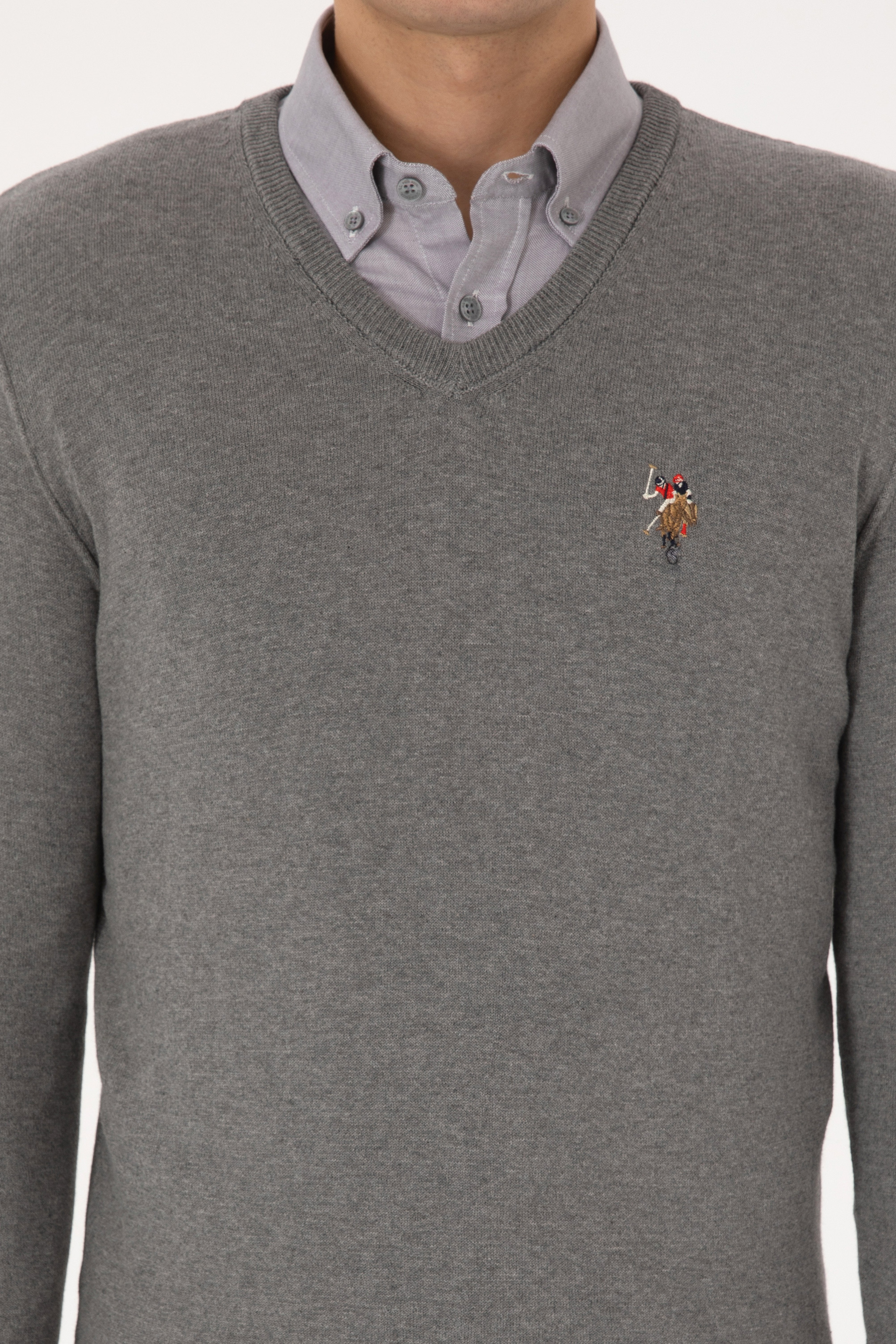 Erkek Slim Fit V Yaka Gri Melanj Basic Kazak