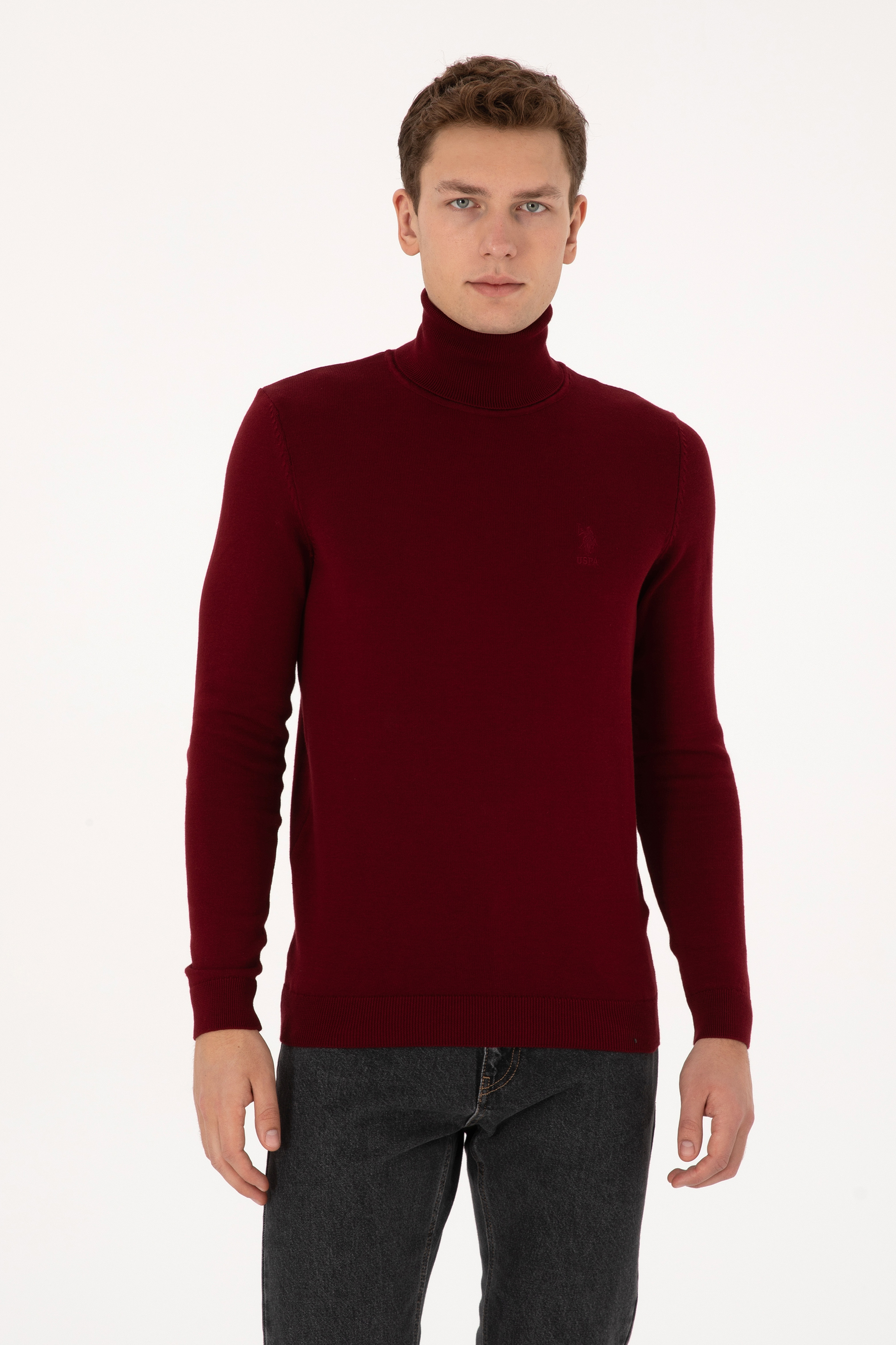 Erkek Slim Fit Balıkçı Yaka Bordo Basic Kazak - Image 1