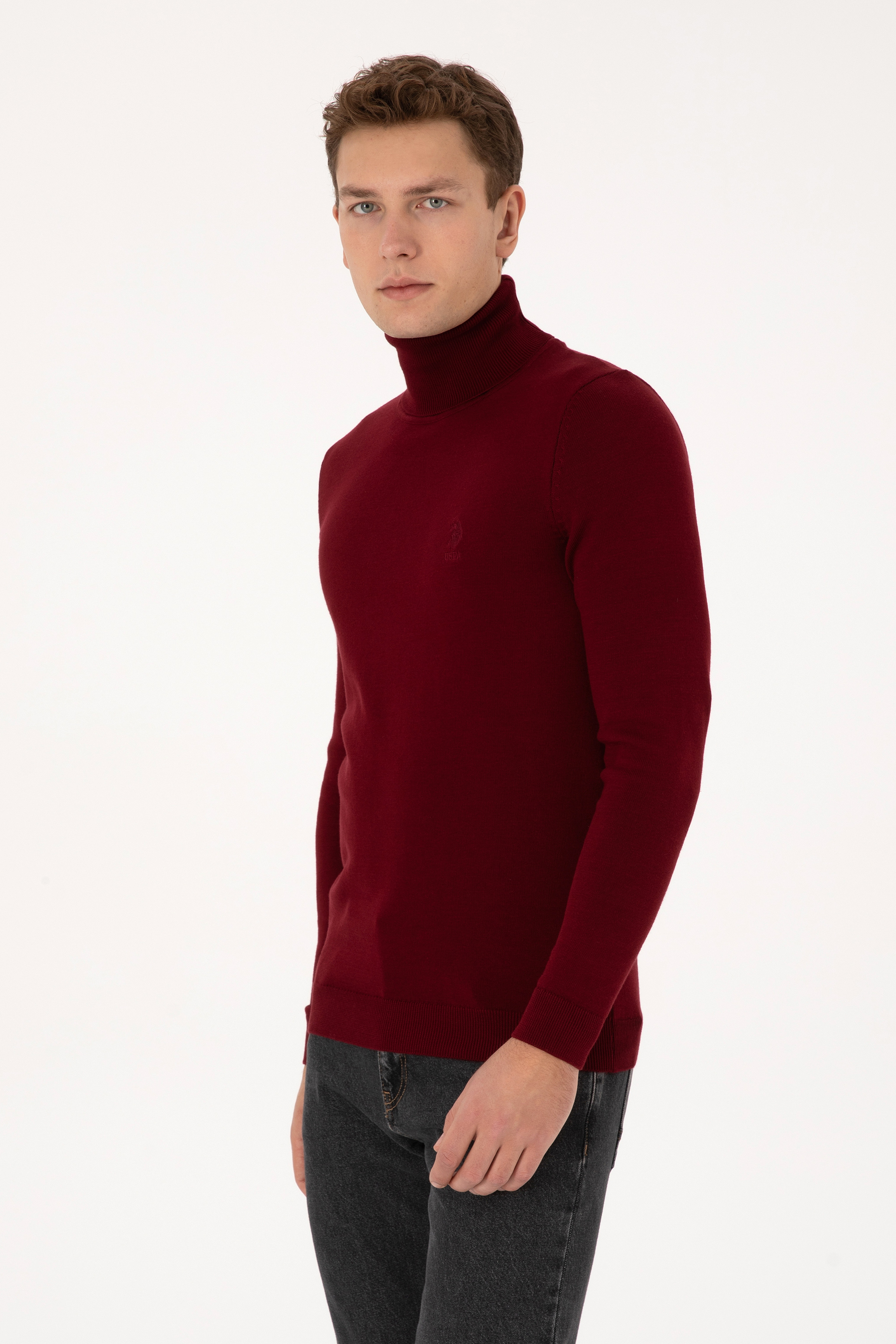 Erkek Slim Fit Balıkçı Yaka Bordo Basic Kazak