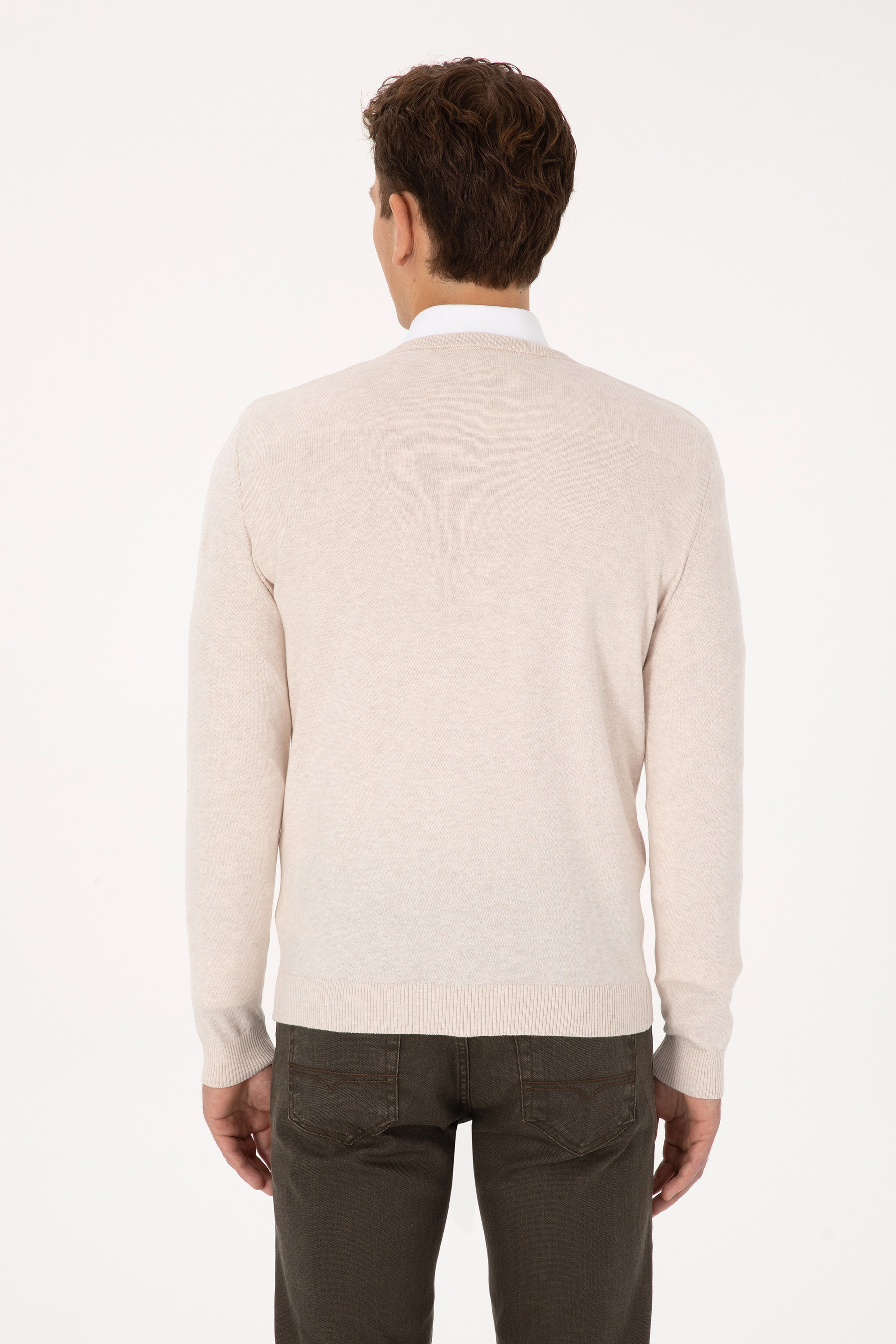 Erkek Slim Fit V Yaka Krem Melanj Basic Kazak - Image 5