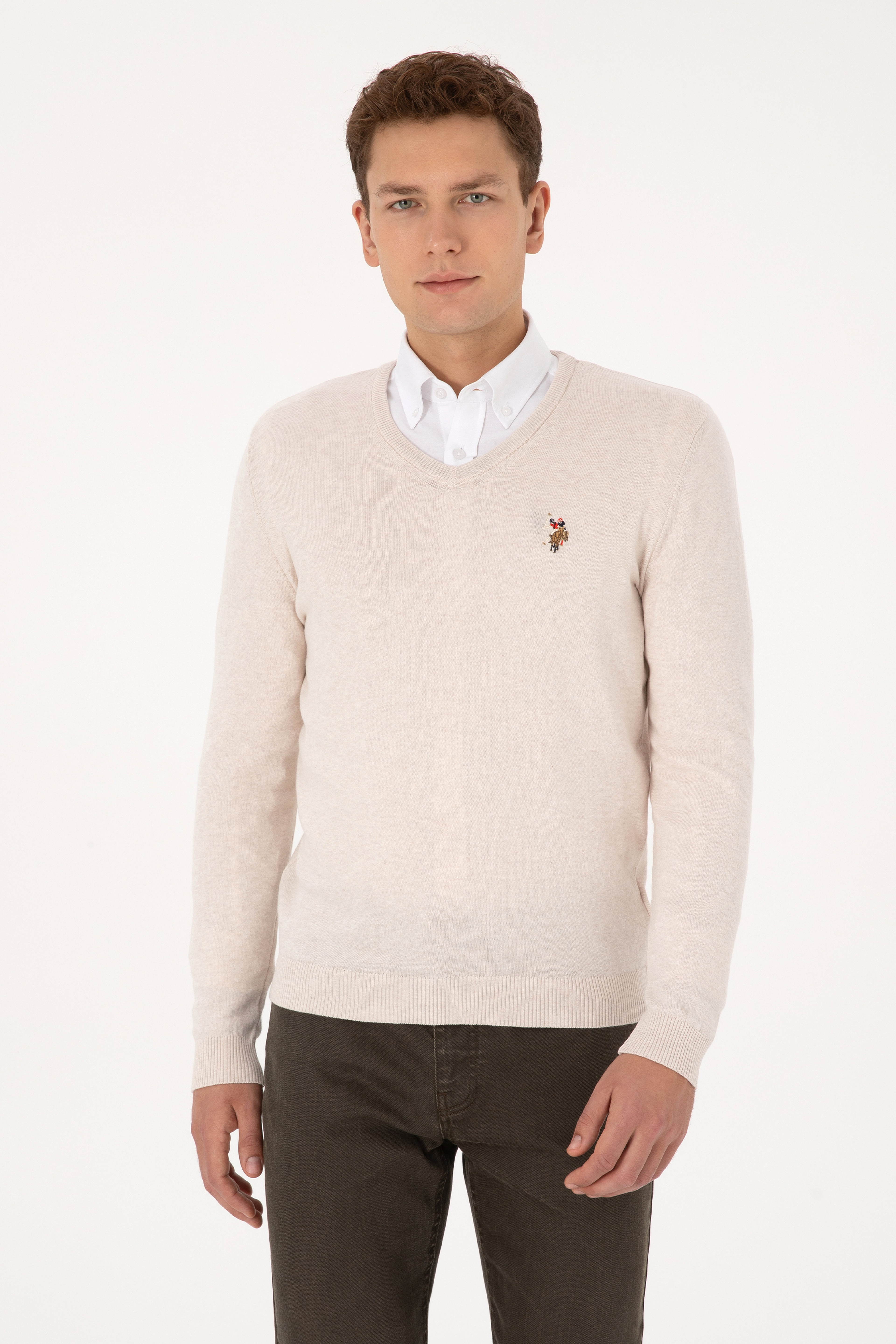 Erkek Slim Fit V Yaka Krem Melanj Basic Kazak