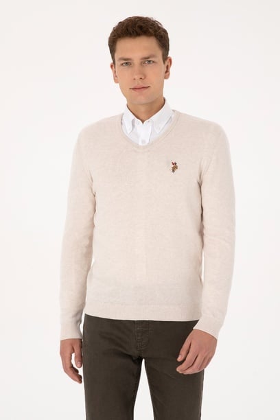 Erkek Slim Fit V Yaka Krem Melanj Basic Kazak
