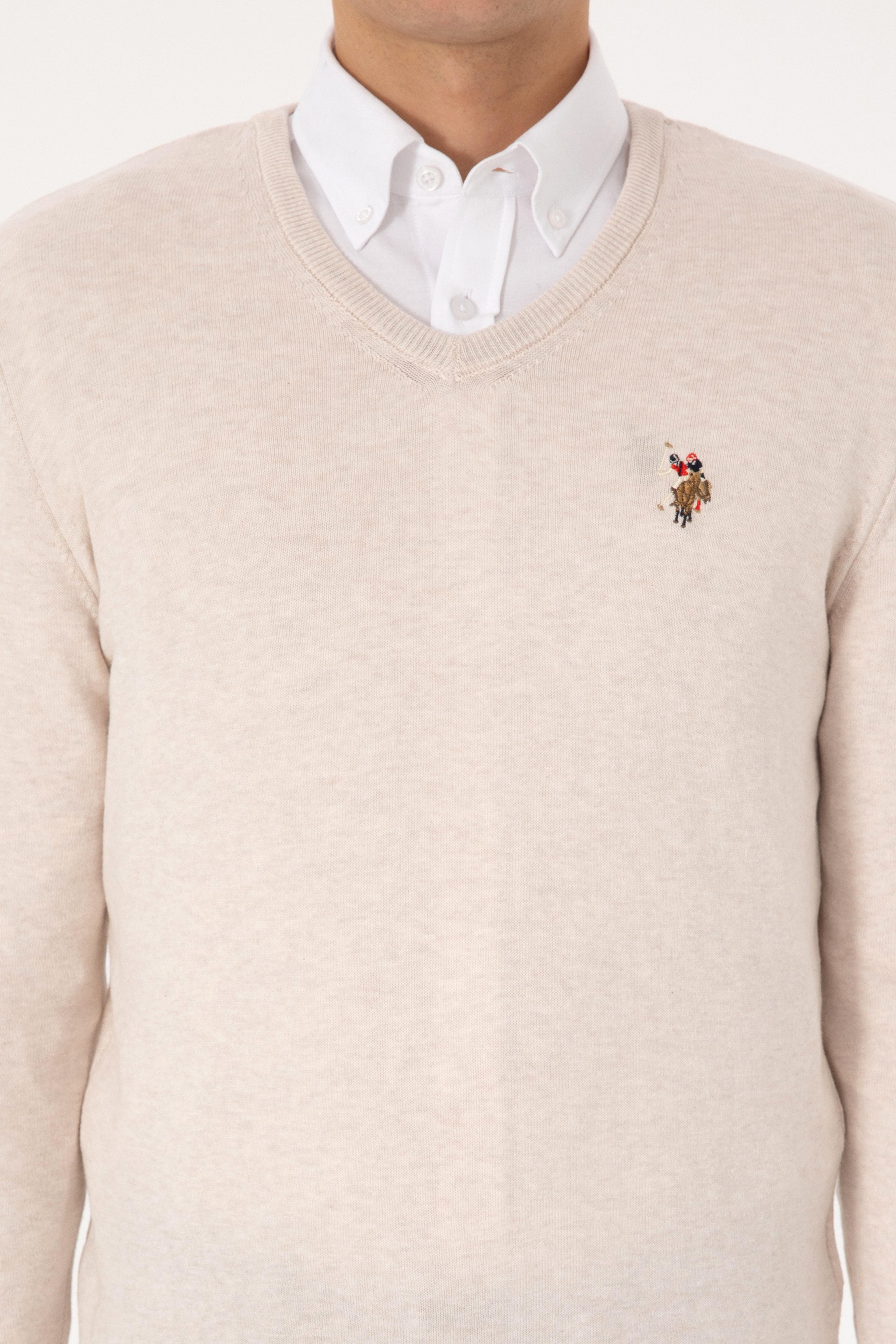 Erkek Slim Fit V Yaka Krem Melanj Basic Kazak