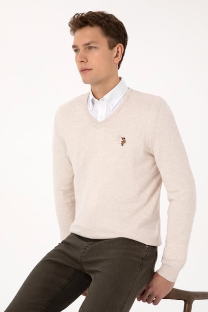 Erkek Slim Fit V Yaka Krem Melanj Basic Kazak