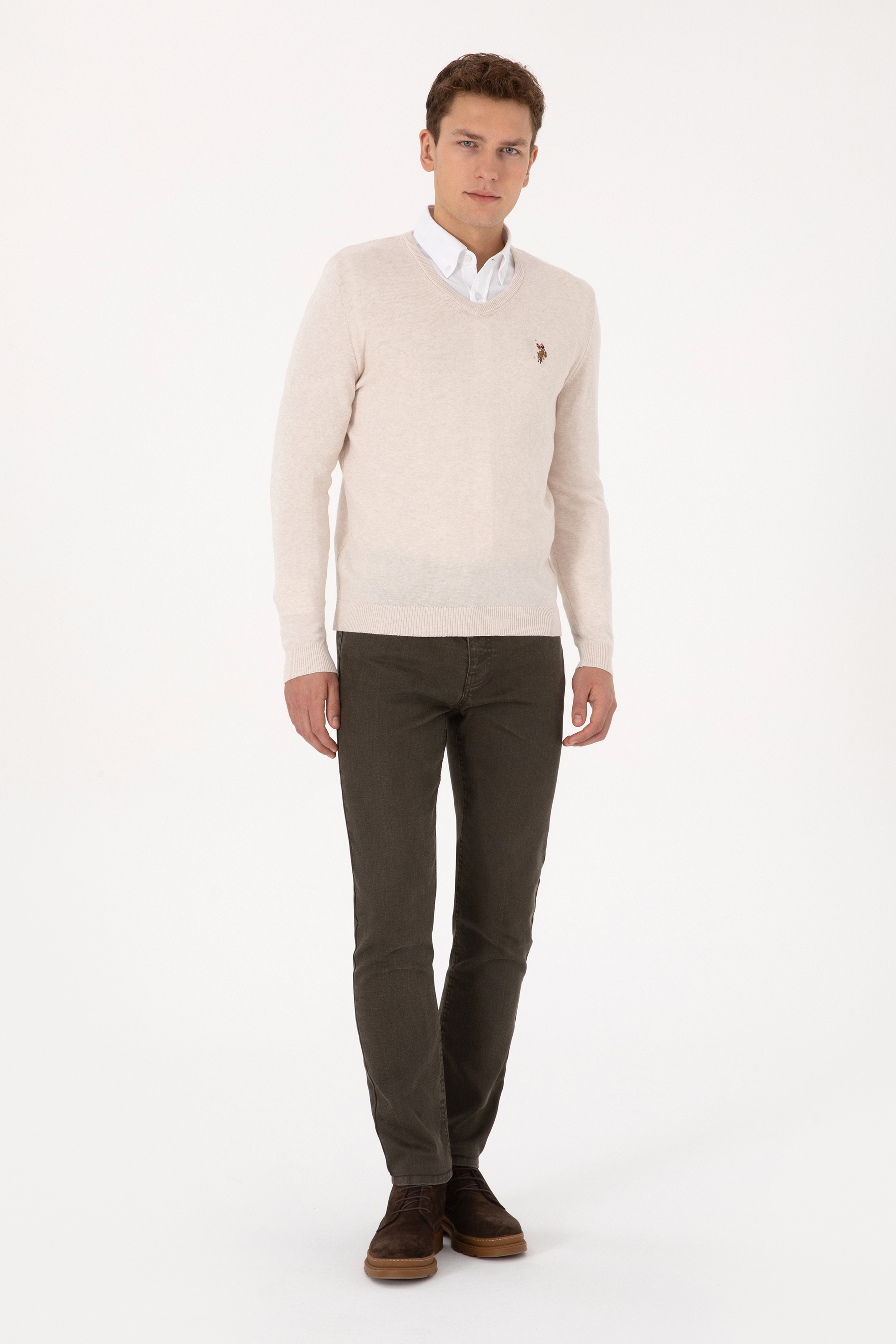 Erkek Slim Fit V Yaka Krem Melanj Basic Kazak