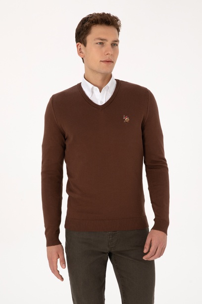 Erkek Slim Fit V Yaka Kahverengi Basic Kazak