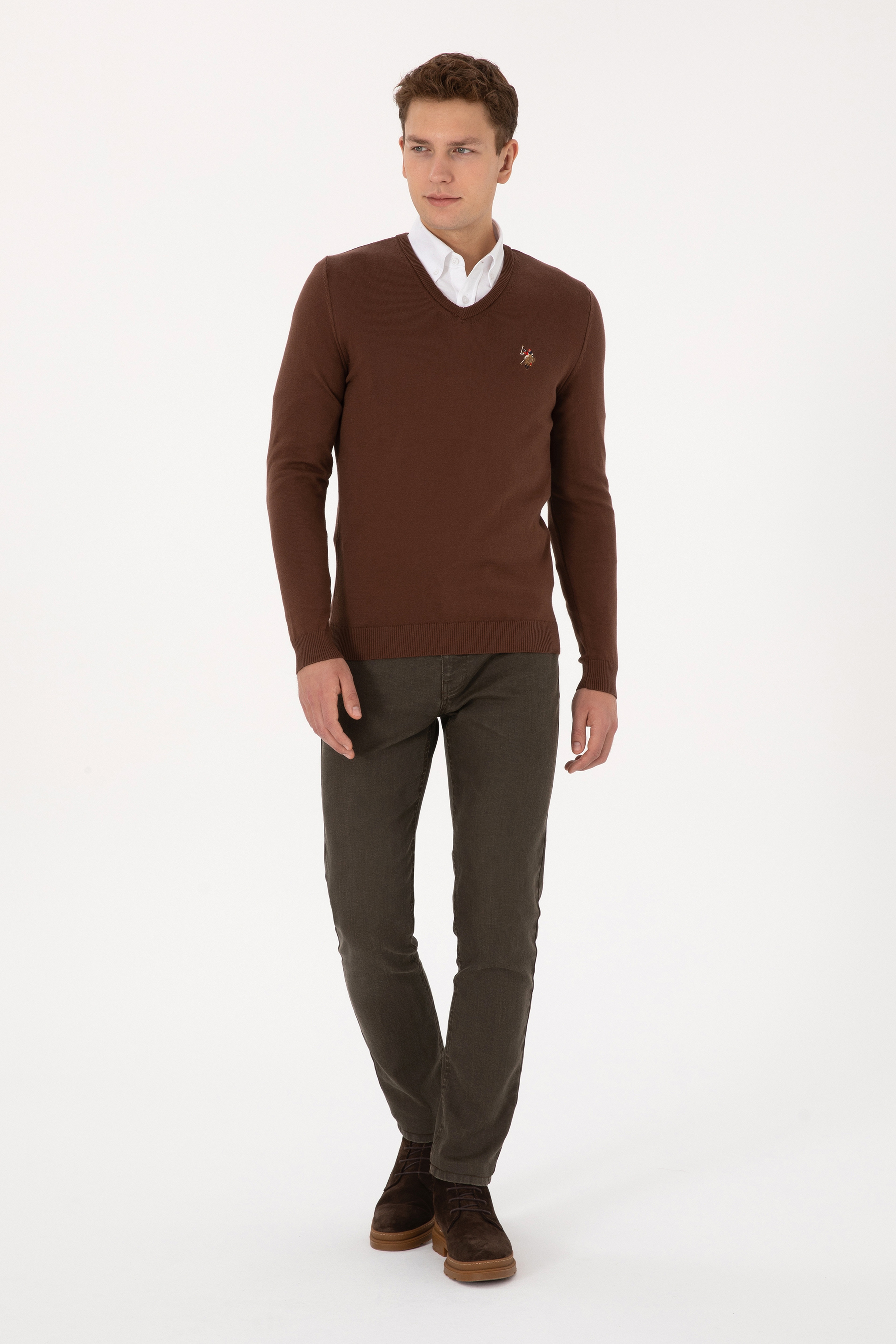 Erkek Slim Fit V Yaka Kahverengi Basic Kazak - Image 4