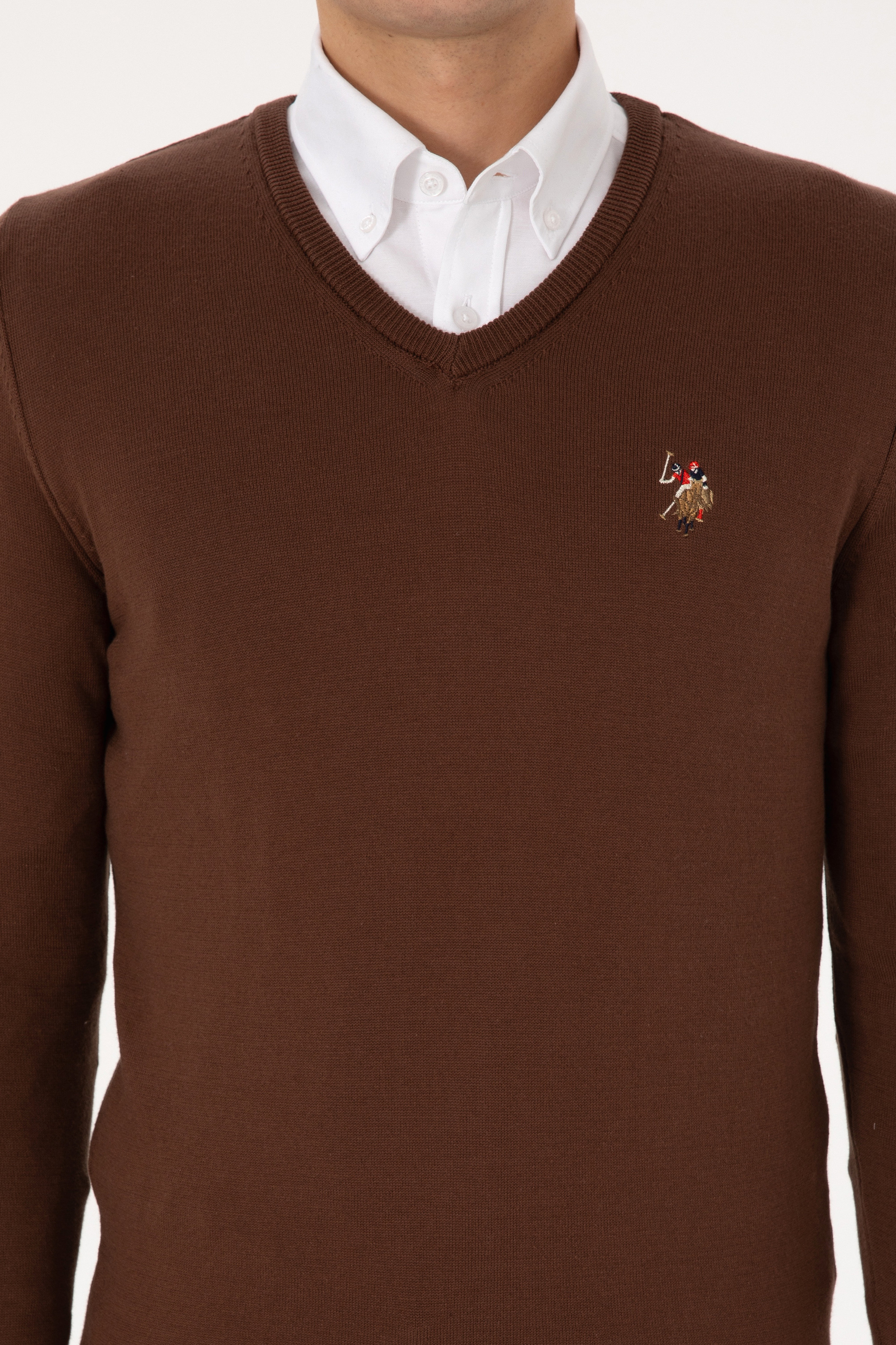 Erkek Slim Fit V Yaka Kahverengi Basic Kazak