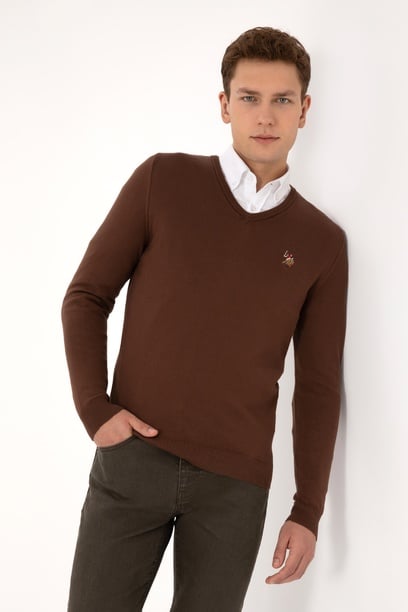 Erkek Slim Fit V Yaka Kahverengi Basic Kazak