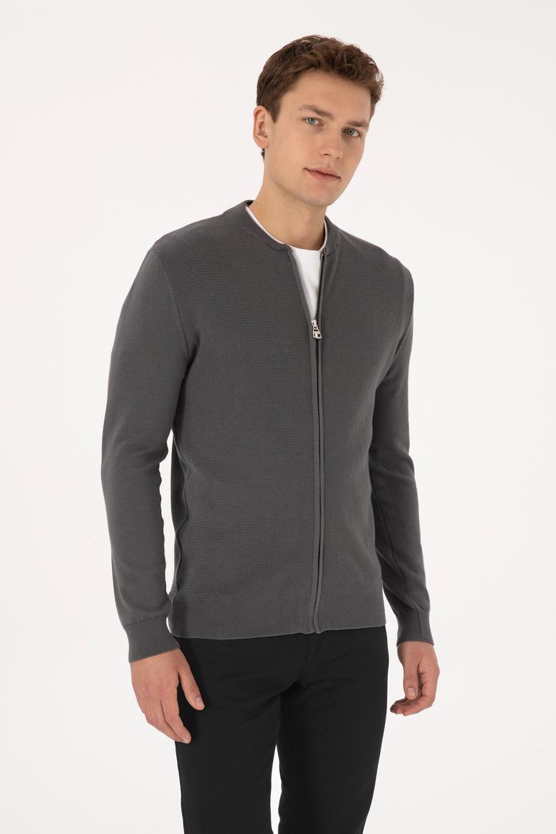 Erkek Gri Basic Triko Hırka - 50307813040