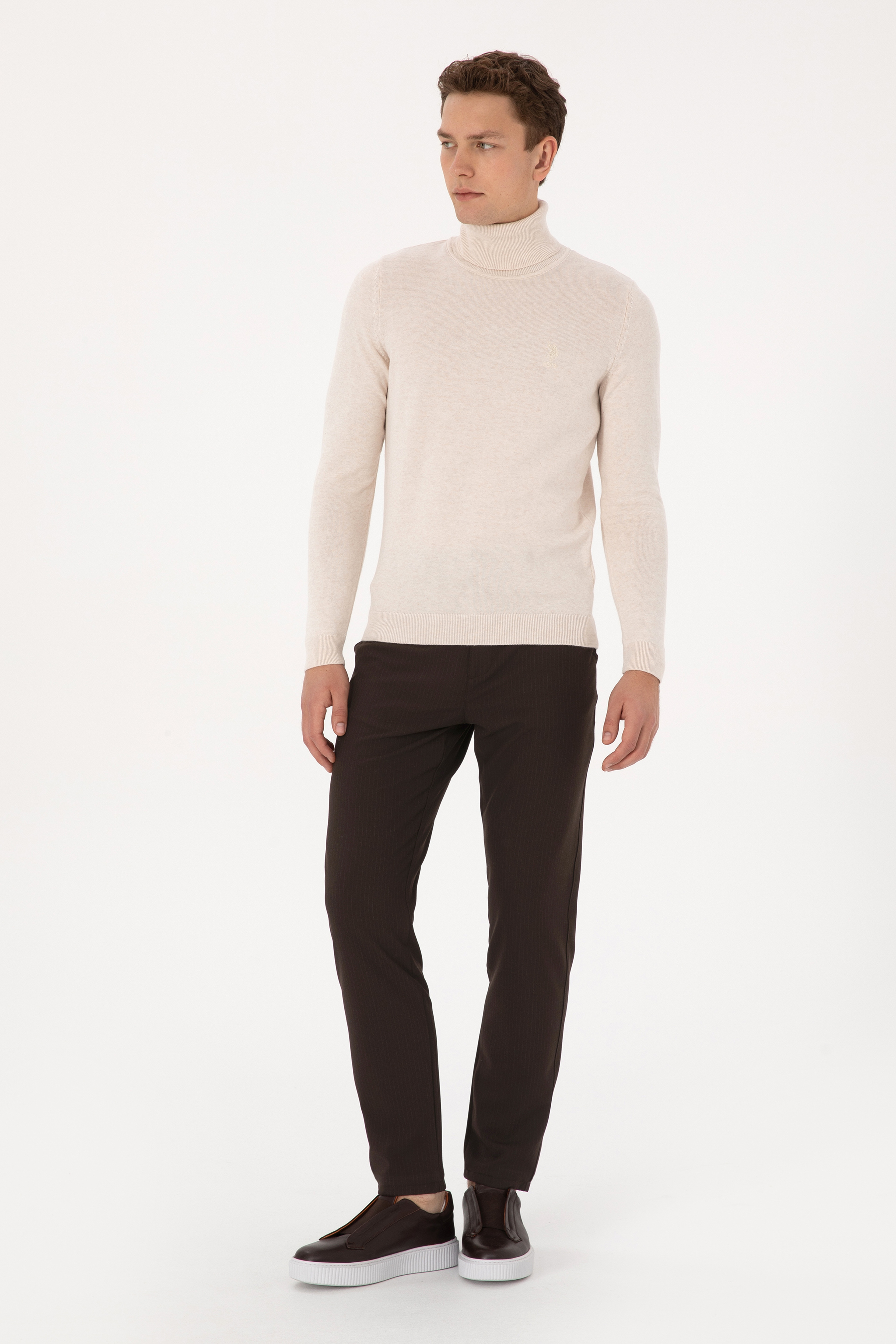 Erkek Kahverengi Carrot Fit Çizgili Kanvas / Chino Pantolon
