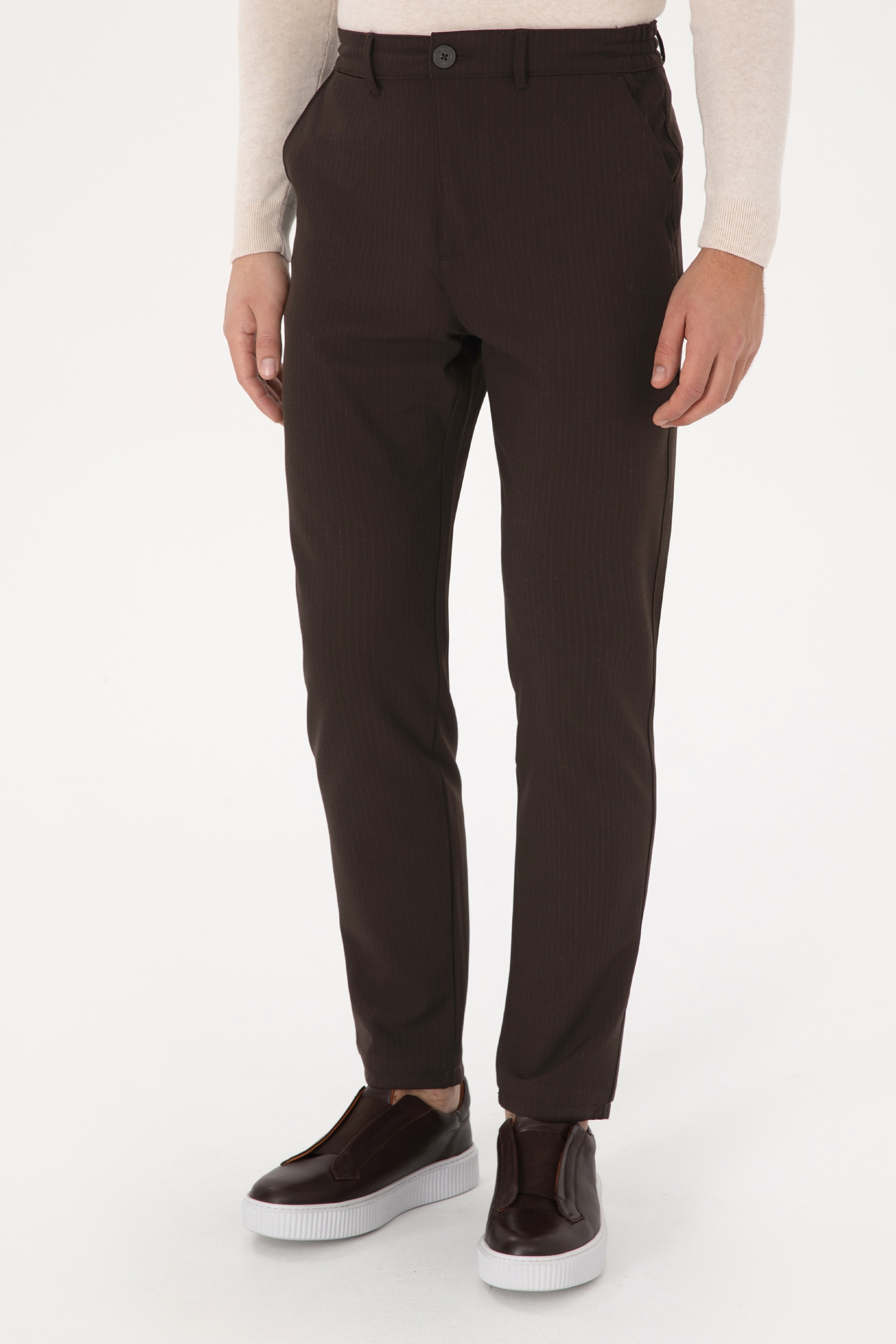 Erkek Kahverengi Carrot Fit Çizgili Kanvas / Chino Pantolon - Image 2