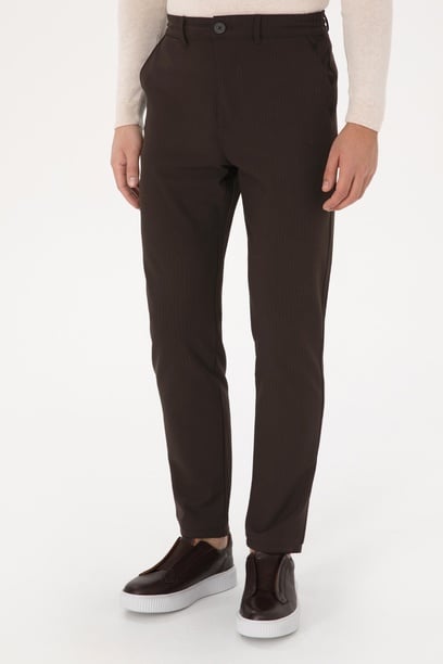 Erkek Kahverengi Carrot Fit Çizgili Kanvas / Chino Pantolon