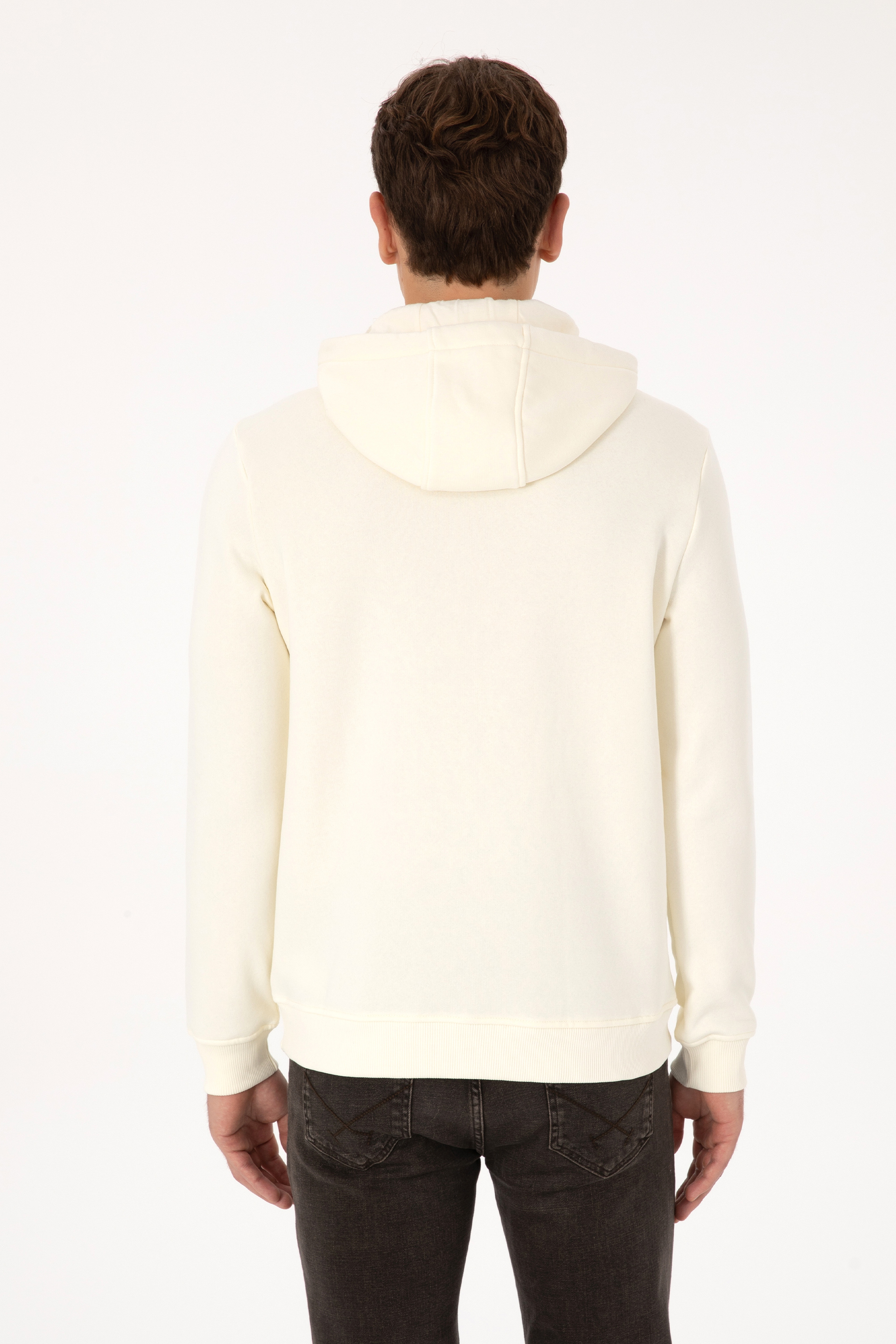 Erkek Regular Fit Kapüşonlu Şardonlu Krem Sweatshirt - Image 5