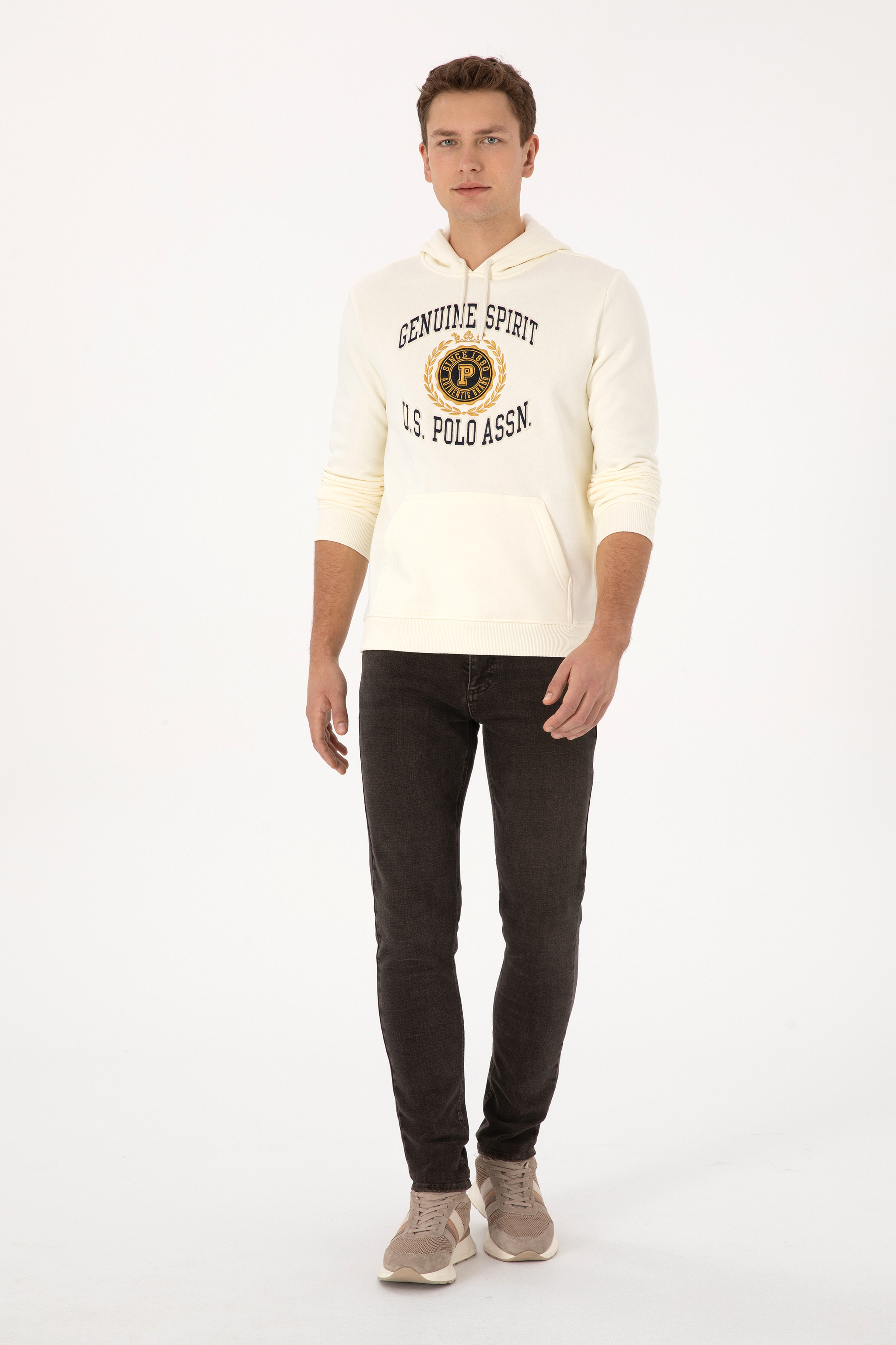 Erkek Regular Fit Kapüşonlu Şardonlu Krem Sweatshirt - Image 4