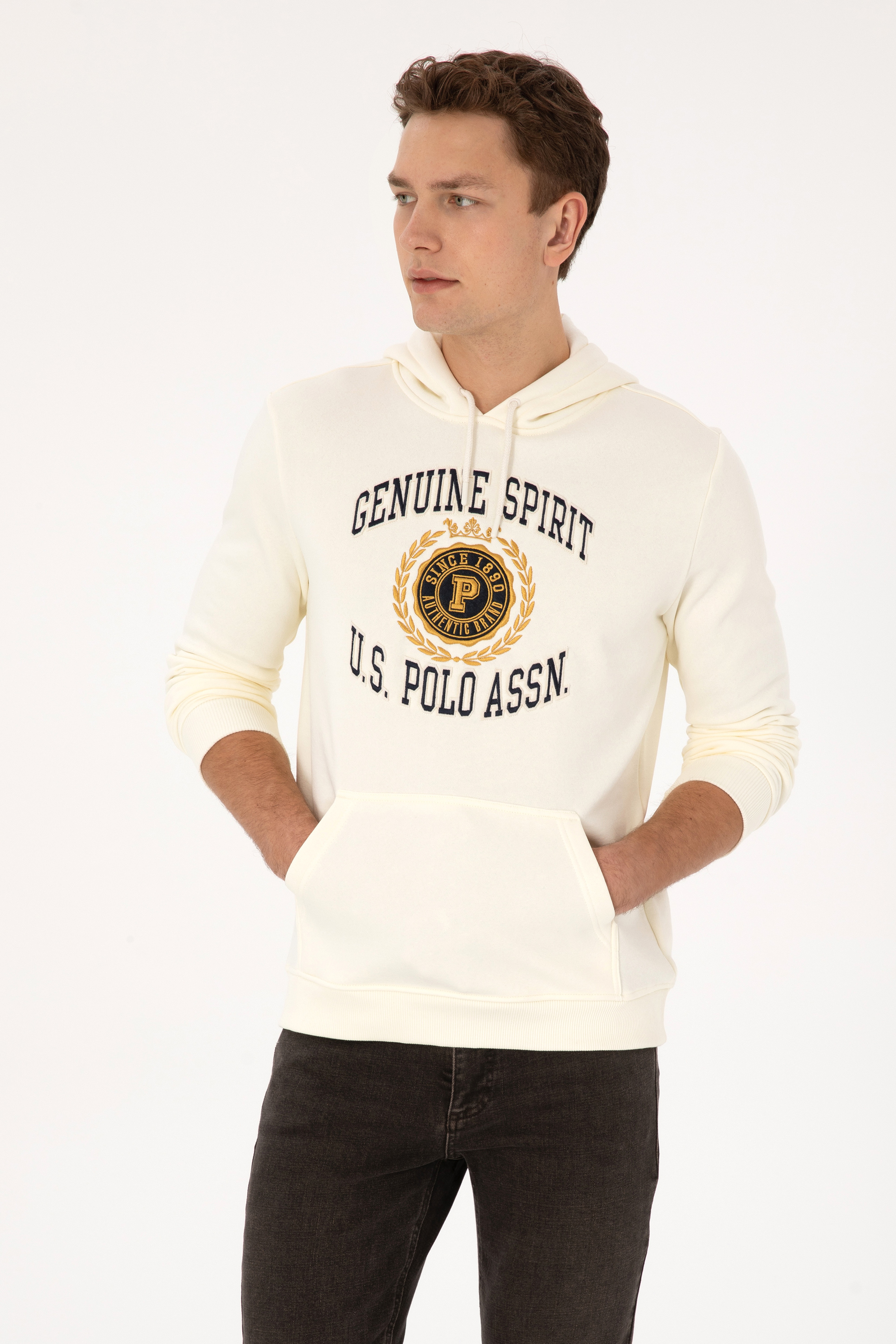 Erkek Regular Fit Kapüşonlu Şardonlu Krem Sweatshirt - Image 3