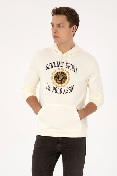 Erkek Regular Fit Kapüşonlu Şardonlu Krem Sweatshirt
