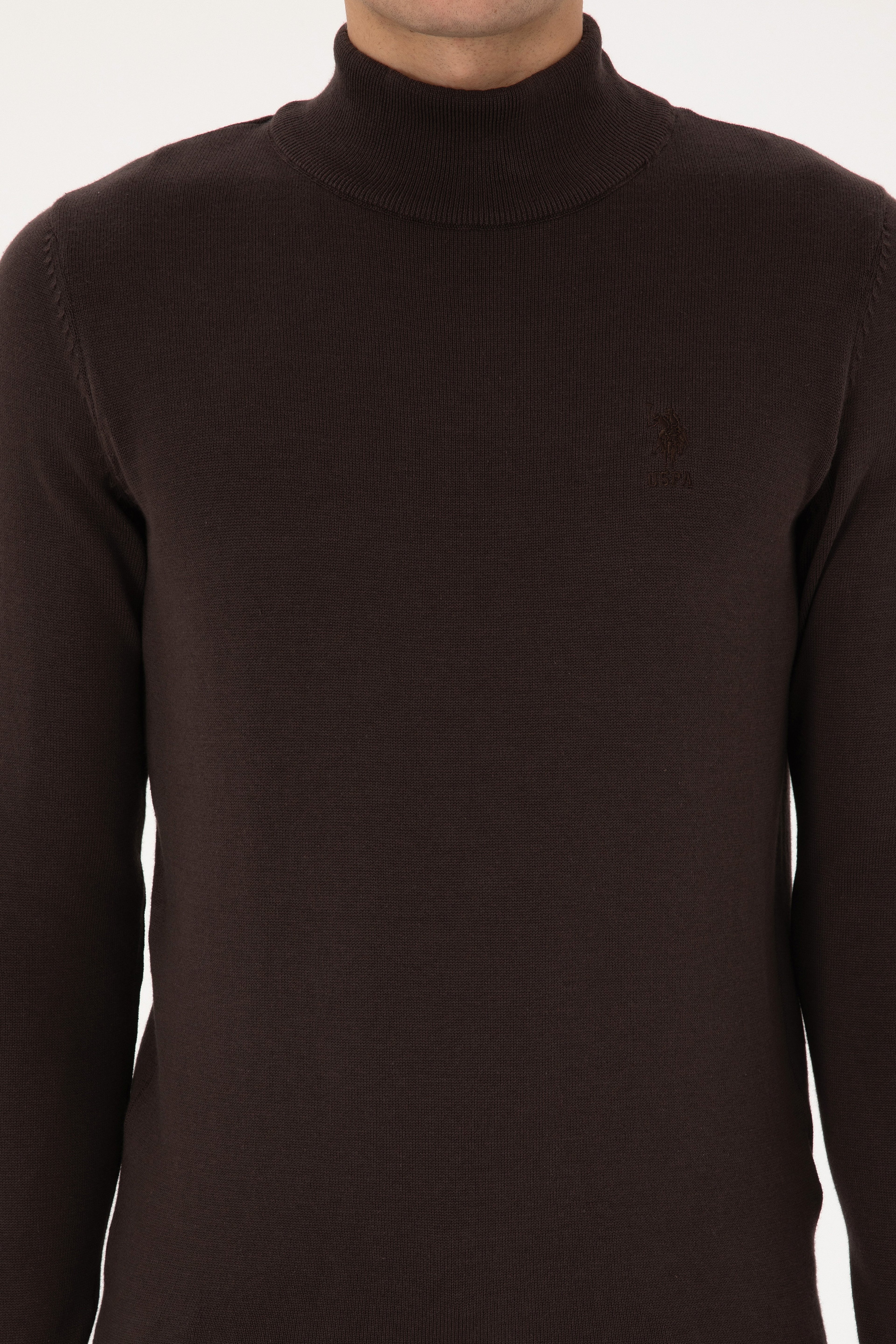Erkek Slim Fit Yarım Balıkçı Yaka Koyu Kahverengi Basic Kazak - Image 6