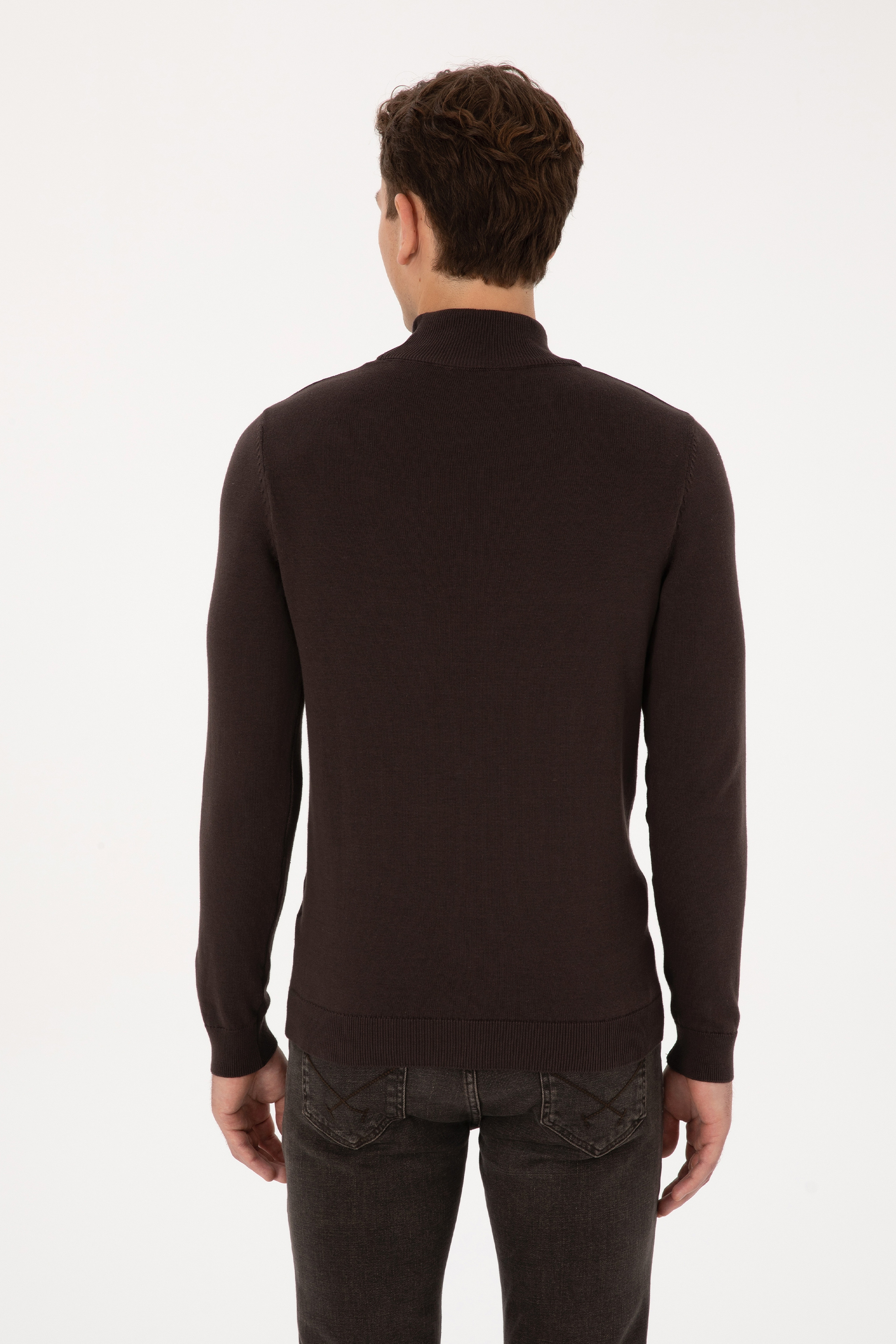 Erkek Slim Fit Yarım Balıkçı Yaka Koyu Kahverengi Basic Kazak - Image 5