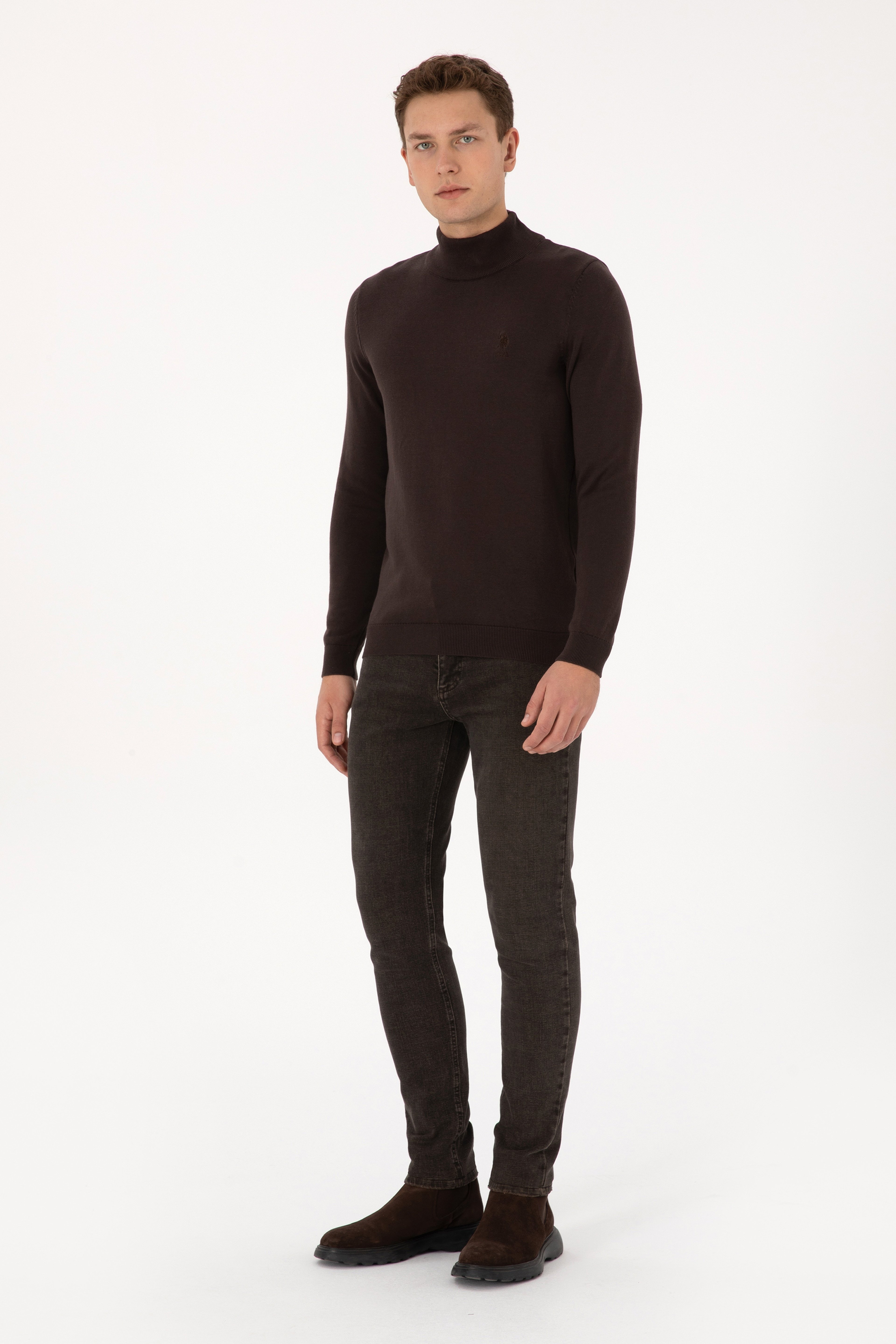 Erkek Slim Fit Yarım Balıkçı Yaka Koyu Kahverengi Basic Kazak - Image 4