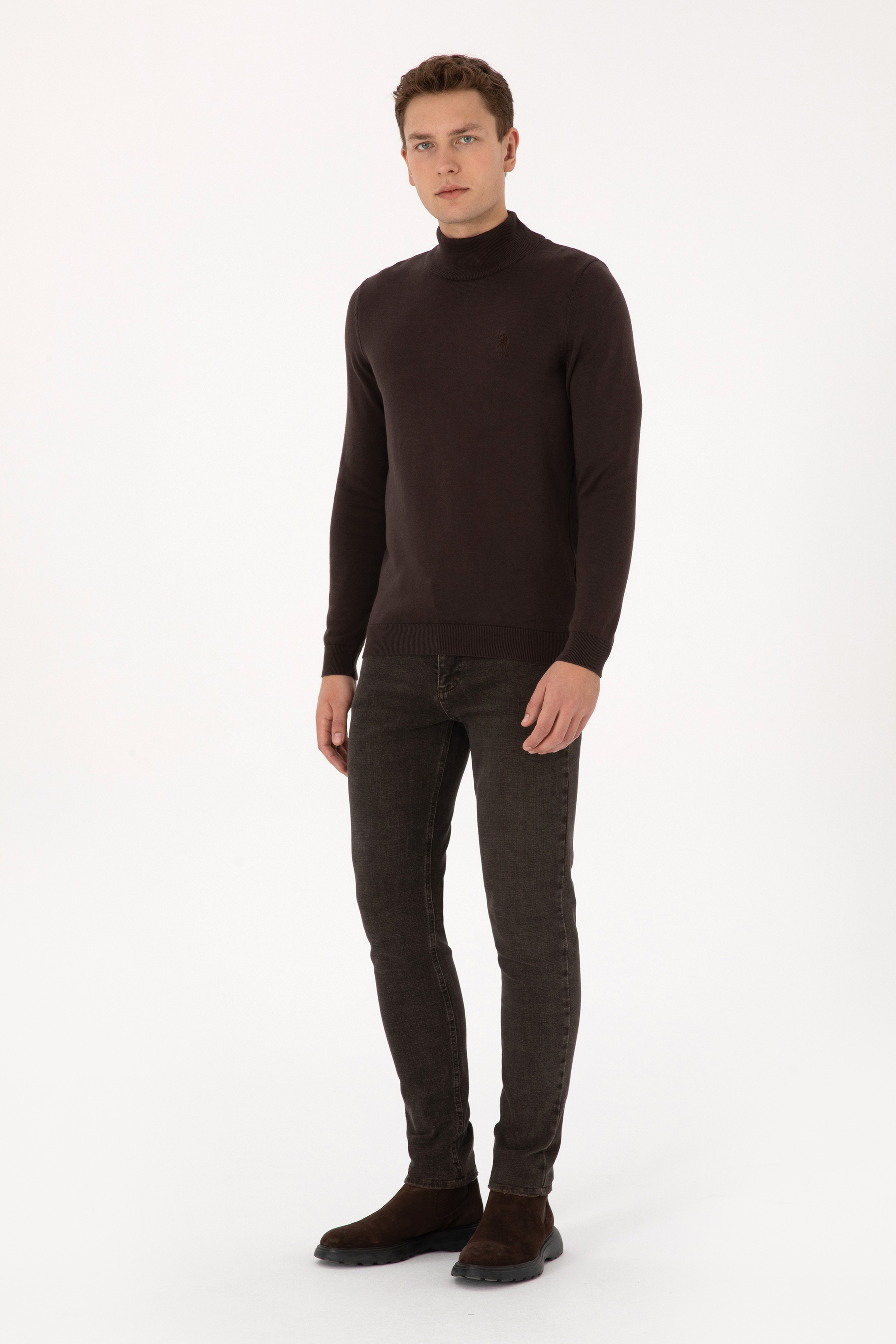 Erkek Slim Fit Yarım Balıkçı Yaka Koyu Kahverengi Basic Kazak