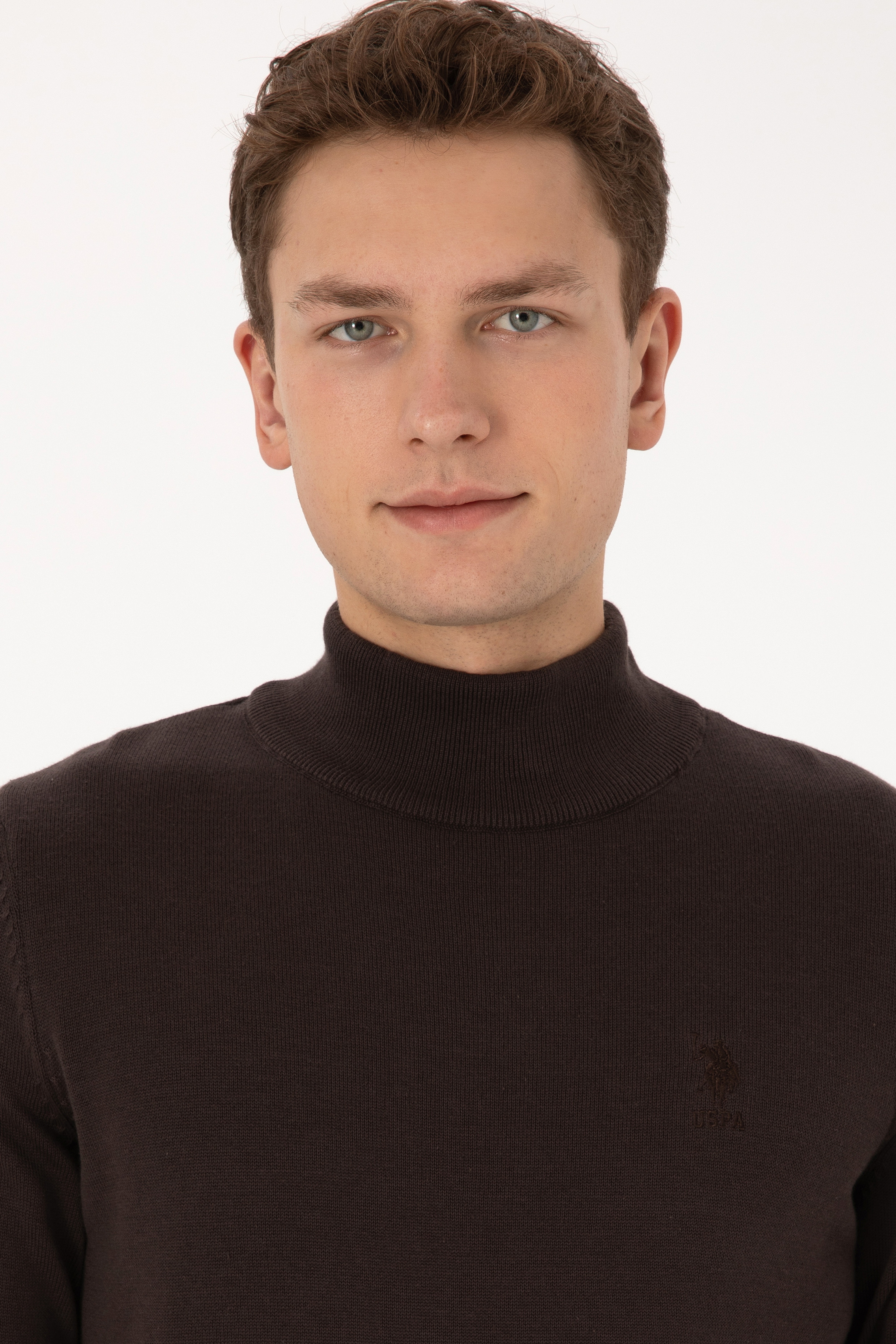 Erkek Slim Fit Yarım Balıkçı Yaka Koyu Kahverengi Basic Kazak - Image 2