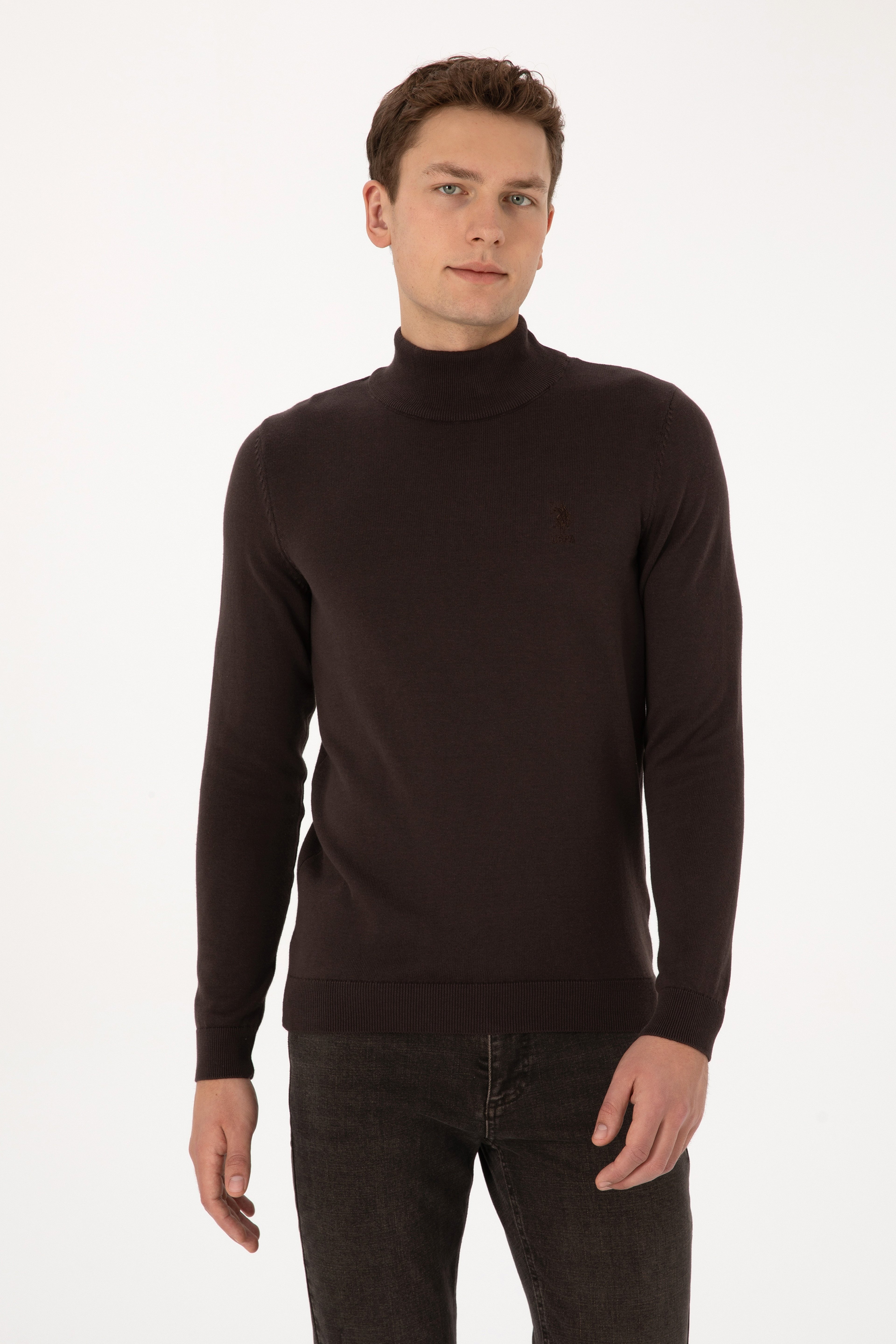 Erkek Slim Fit Yarım Balıkçı Yaka Koyu Kahverengi Basic Kazak